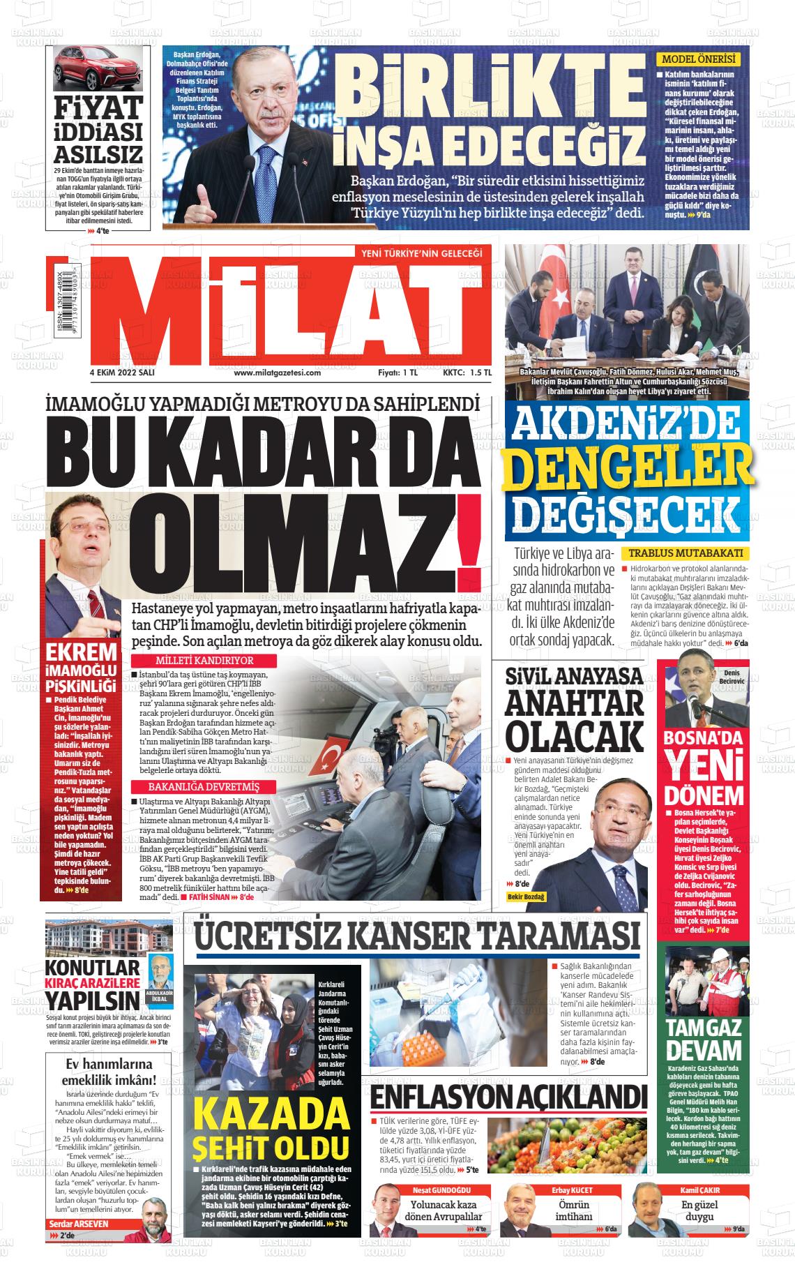 04 Ekim 2022 Milat Gazete Manşeti