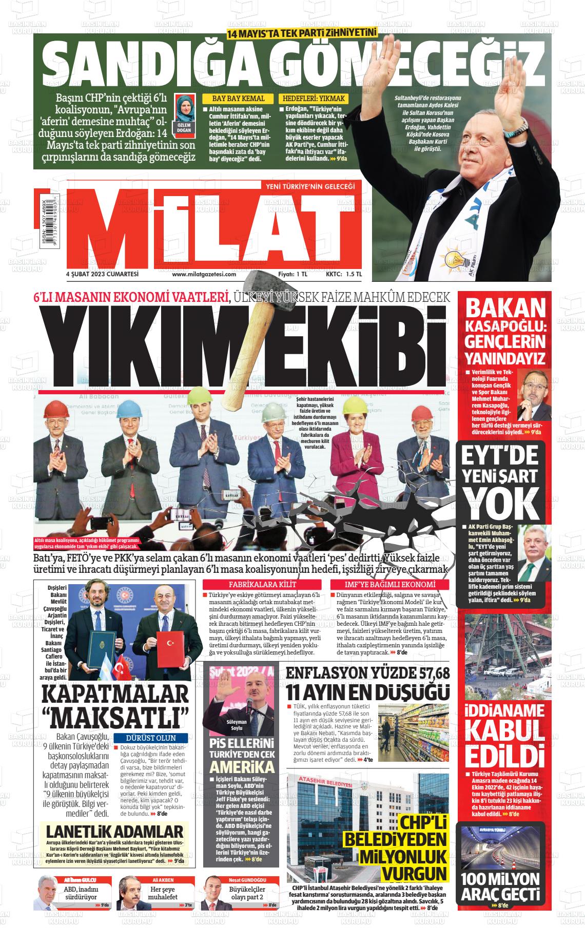 04 Şubat 2023 Milat Gazete Manşeti