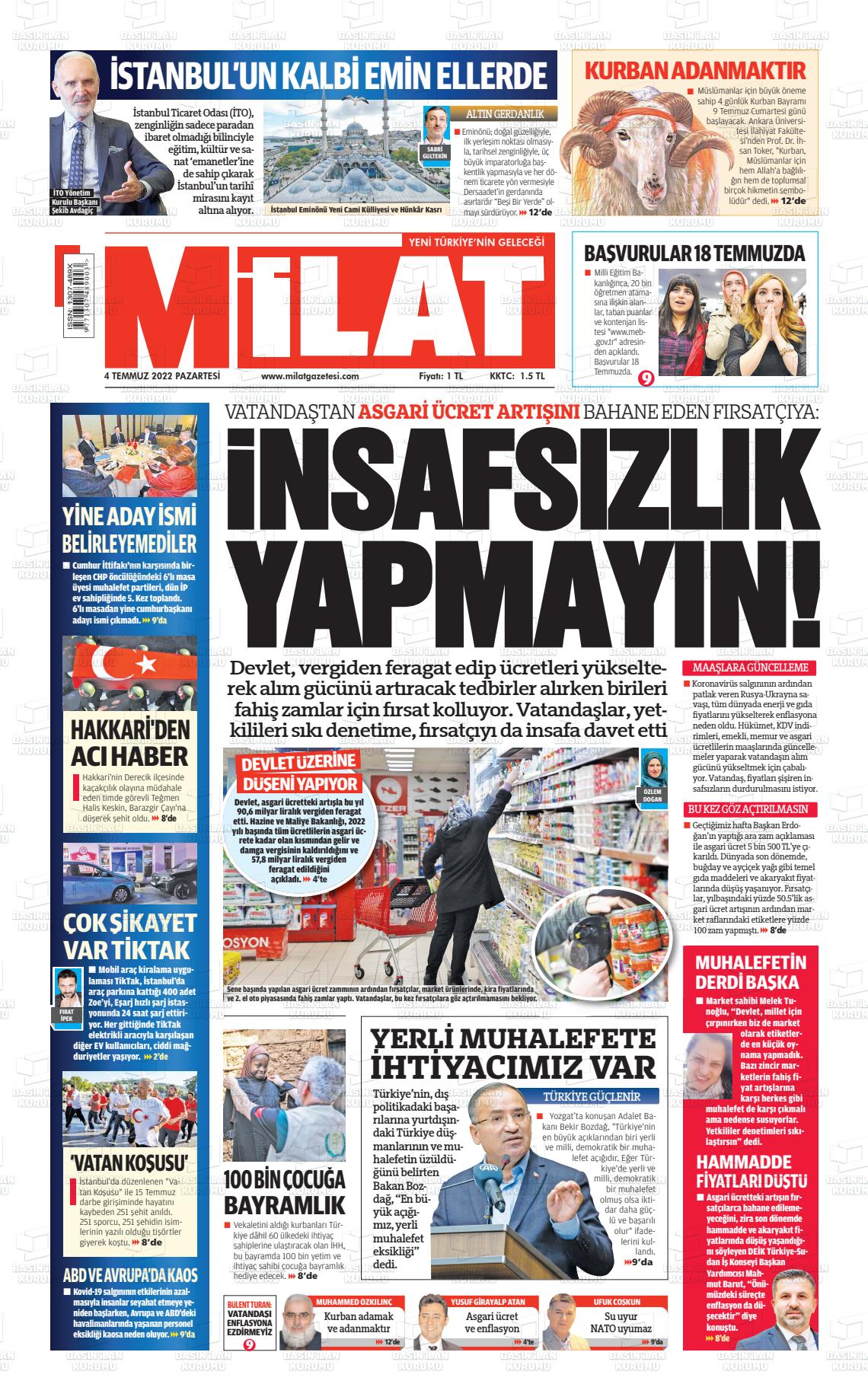 04 Temmuz 2022 Milat Gazete Manşeti