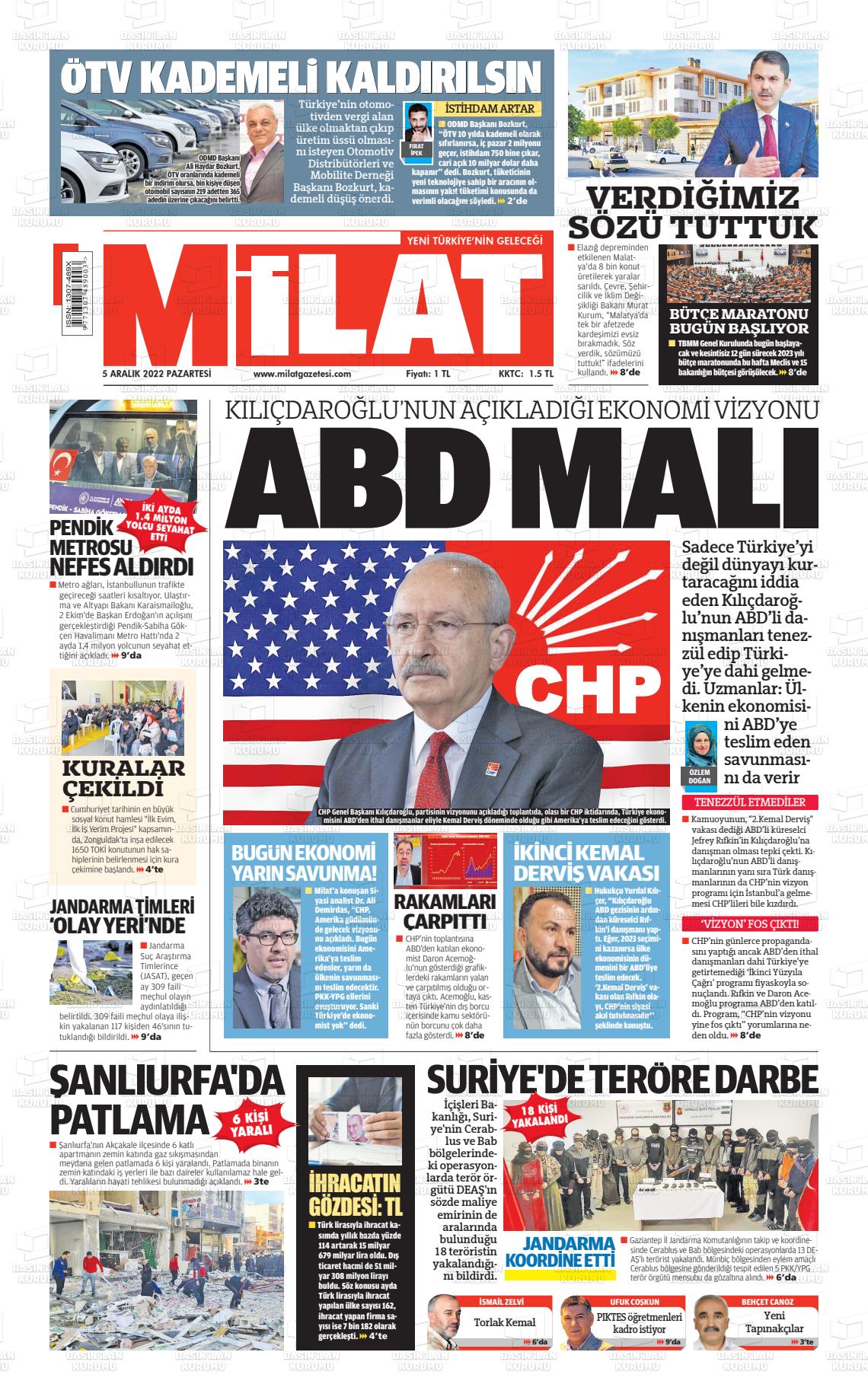 05 Aralık 2022 Milat Gazete Manşeti