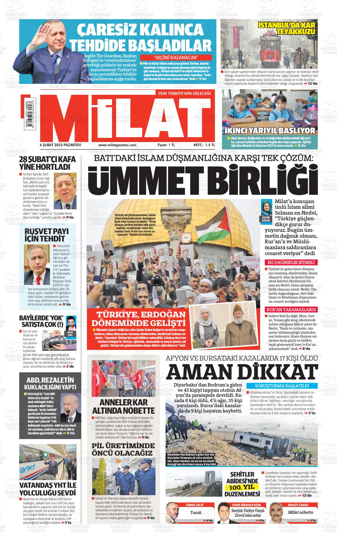 06 Şubat 2023 Milat Gazete Manşeti
