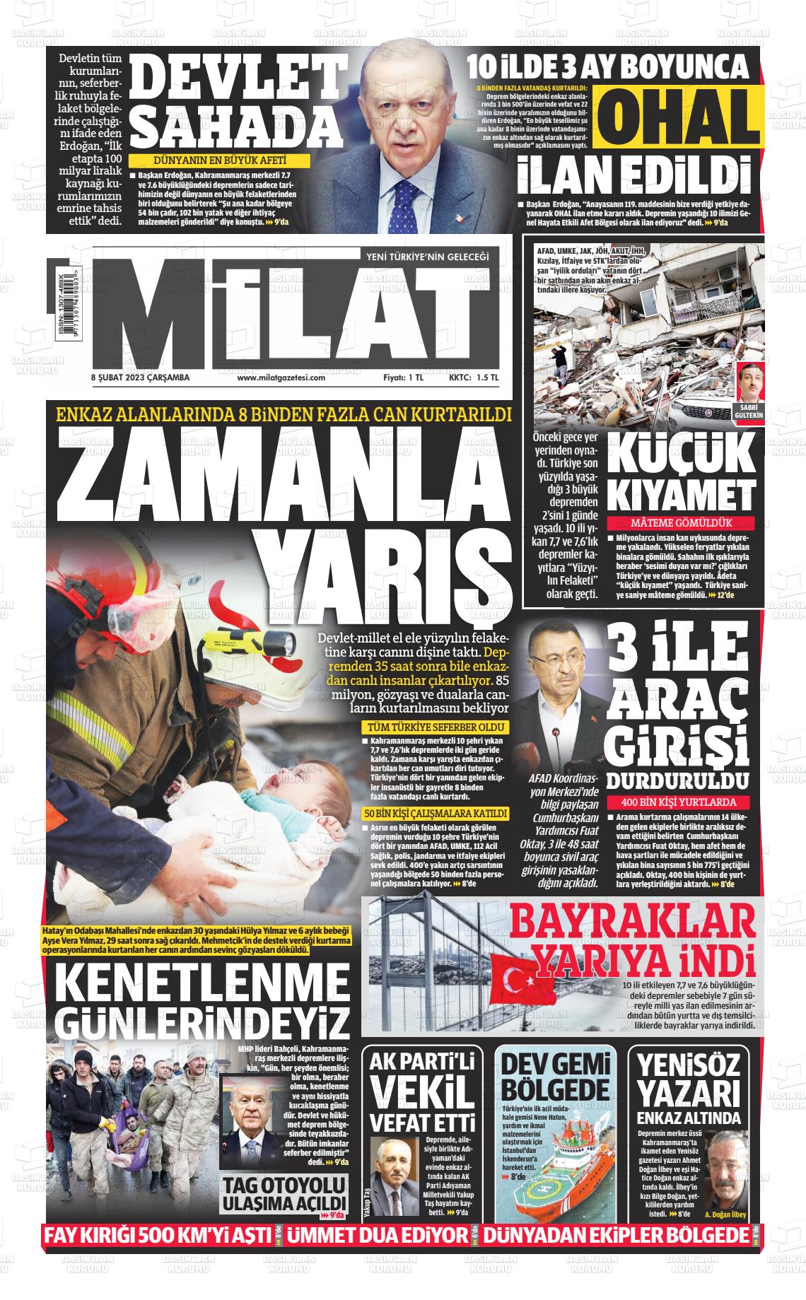 08 Şubat 2023 Milat Gazete Manşeti