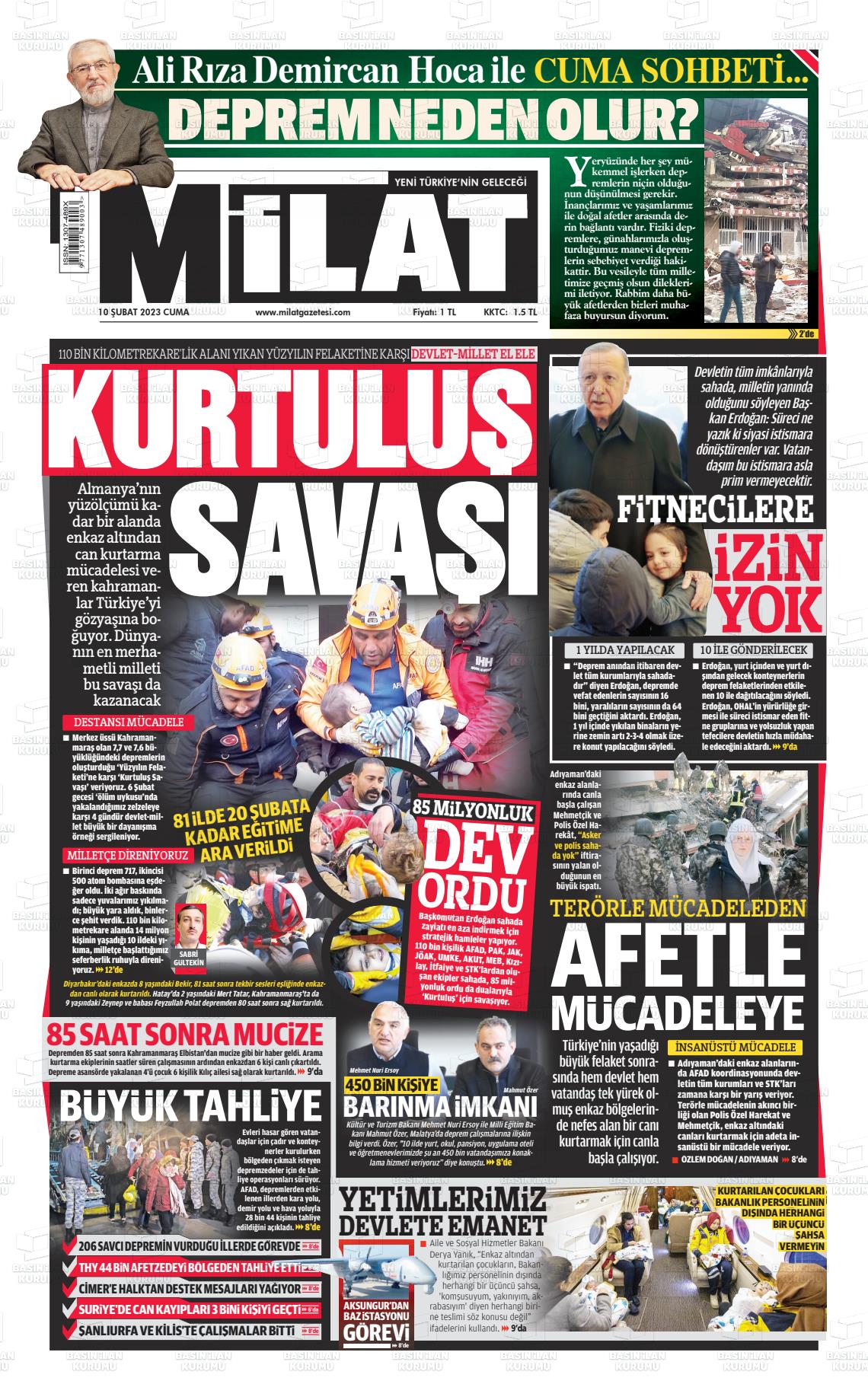10 Şubat 2023 Milat Gazete Manşeti