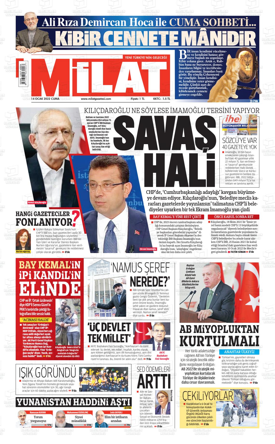 14 Ocak 2022 Milat Gazete Manşeti
