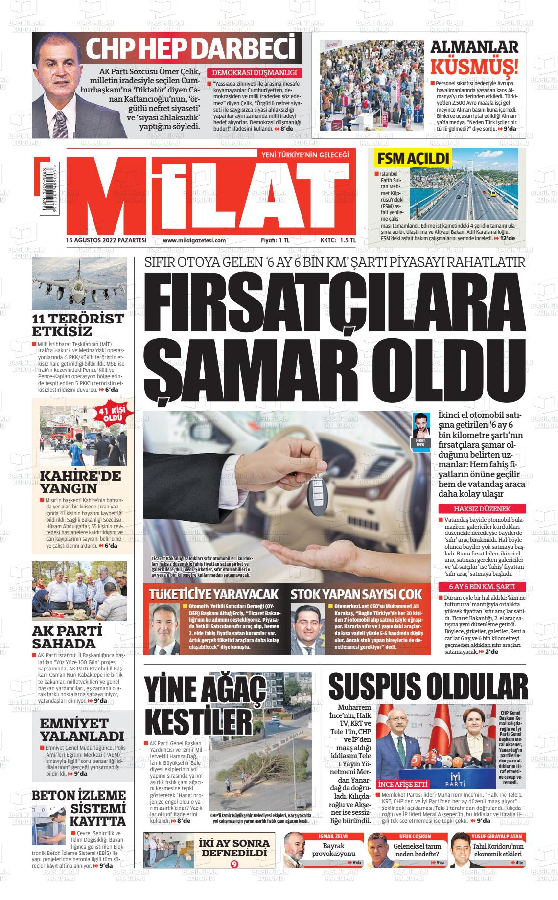 15 Ağustos 2022 Milat Gazete Manşeti