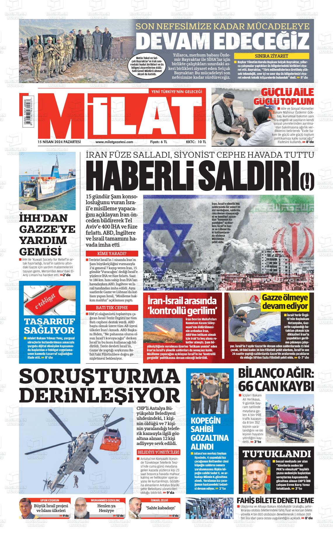 15 Nisan 2024 Milat Gazete Manşeti