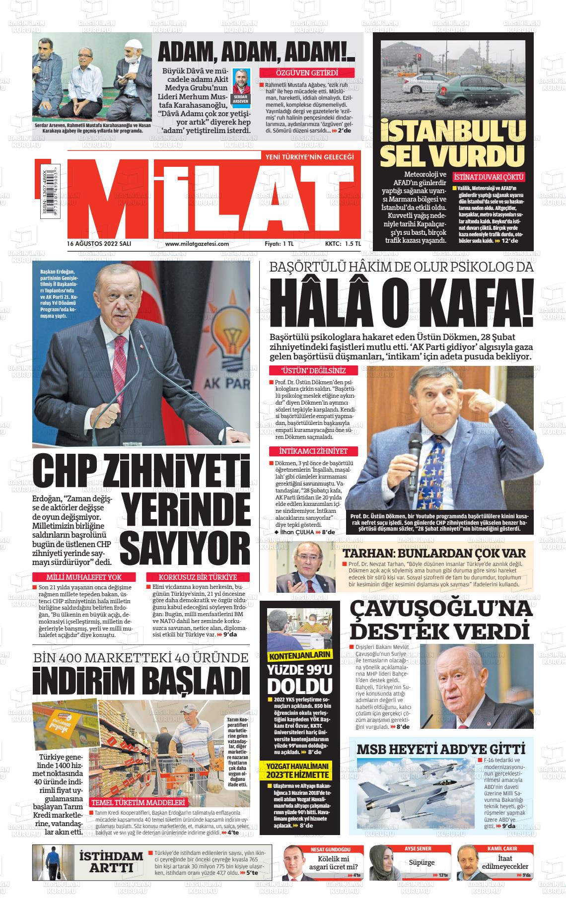 16 Ağustos 2022 Milat Gazete Manşeti