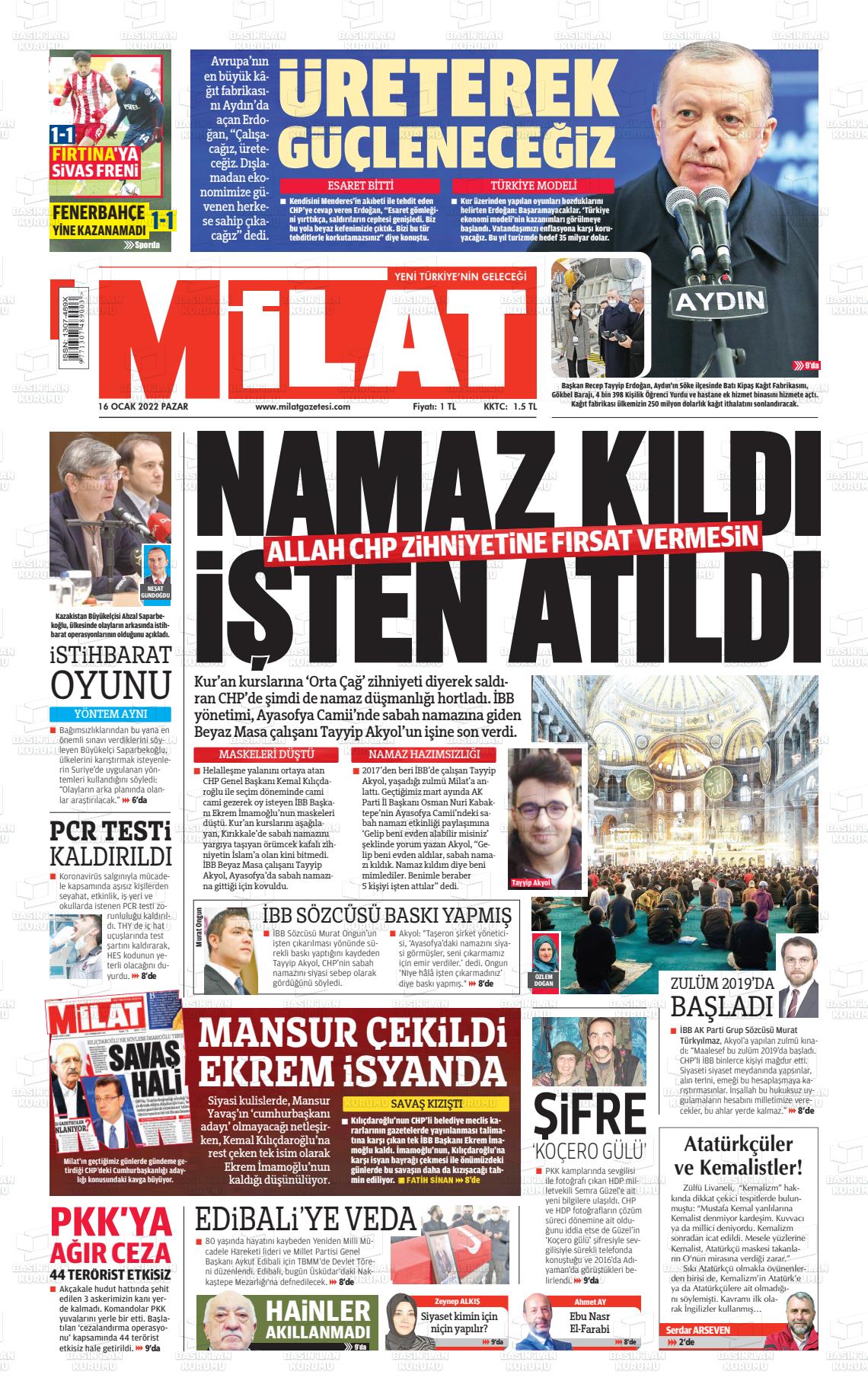 16 Ocak 2022 Milat Gazete Manşeti