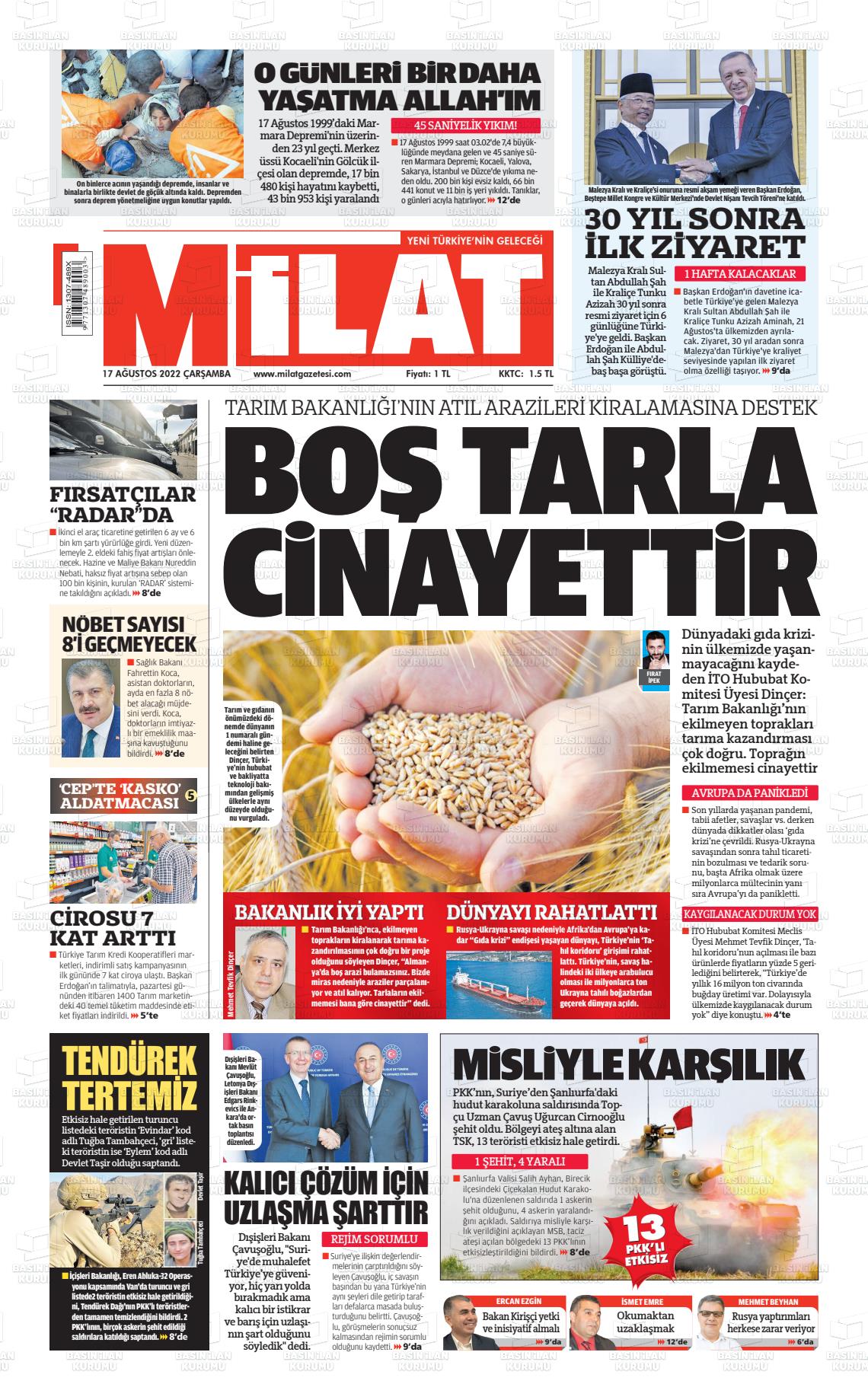 17 Ağustos 2022 Milat Gazete Manşeti