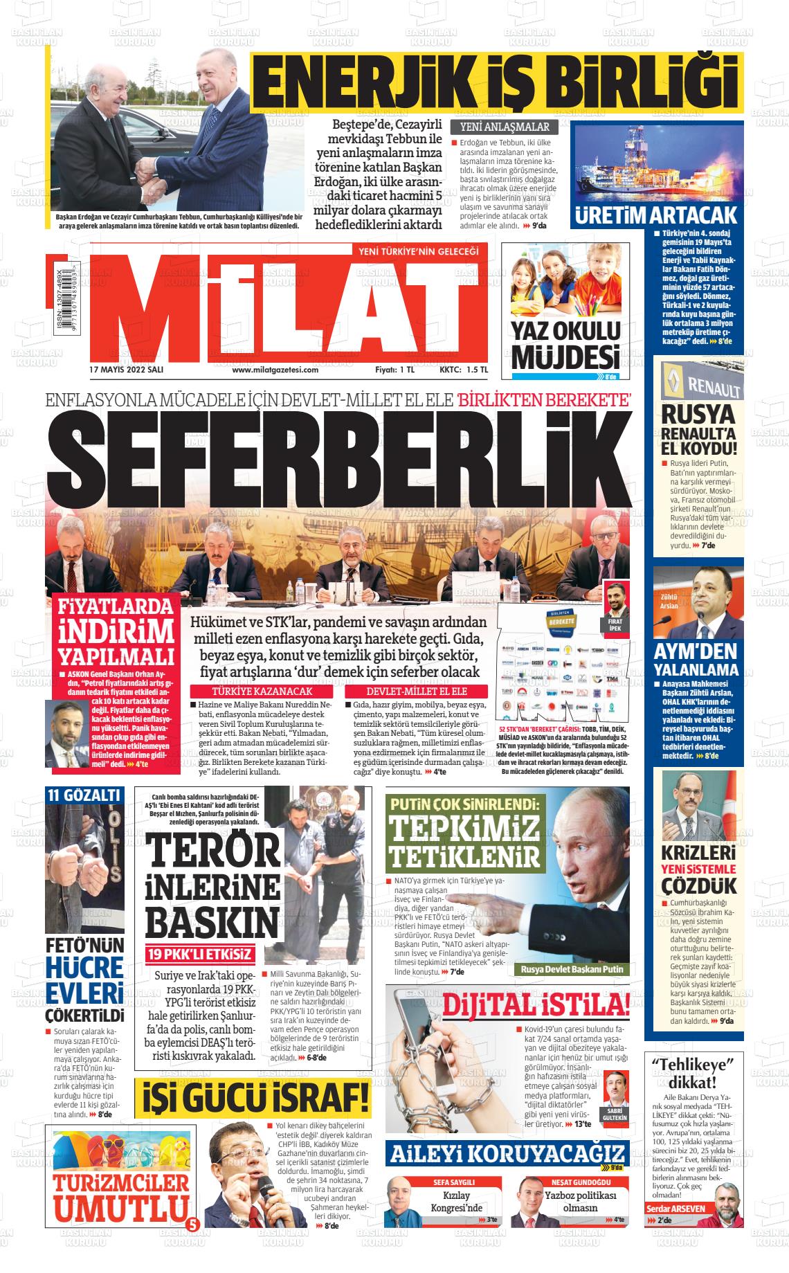 17 Mayıs 2022 Milat Gazete Manşeti