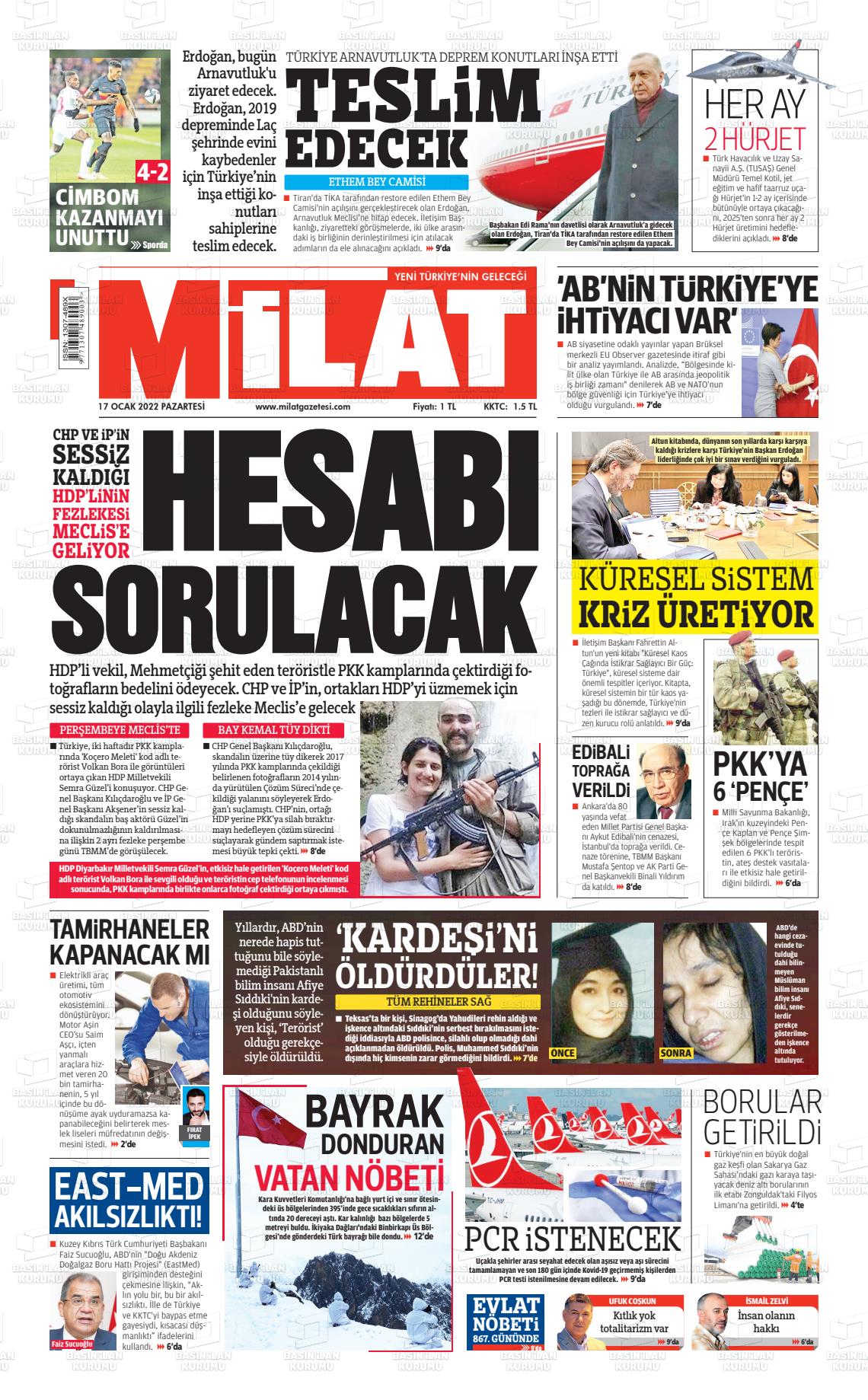 17 Ocak 2022 Milat Gazete Manşeti