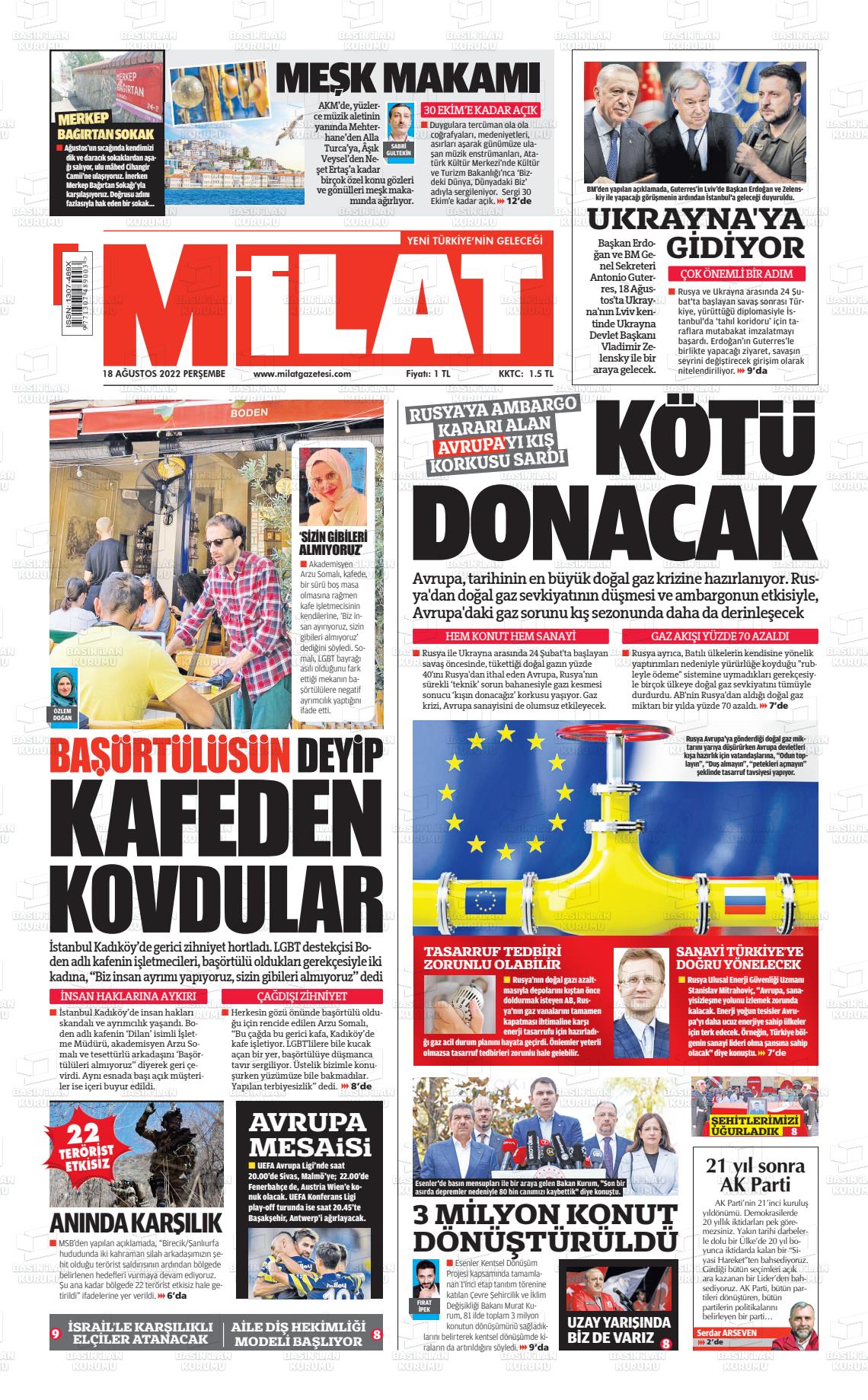 18 Ağustos 2022 Milat Gazete Manşeti