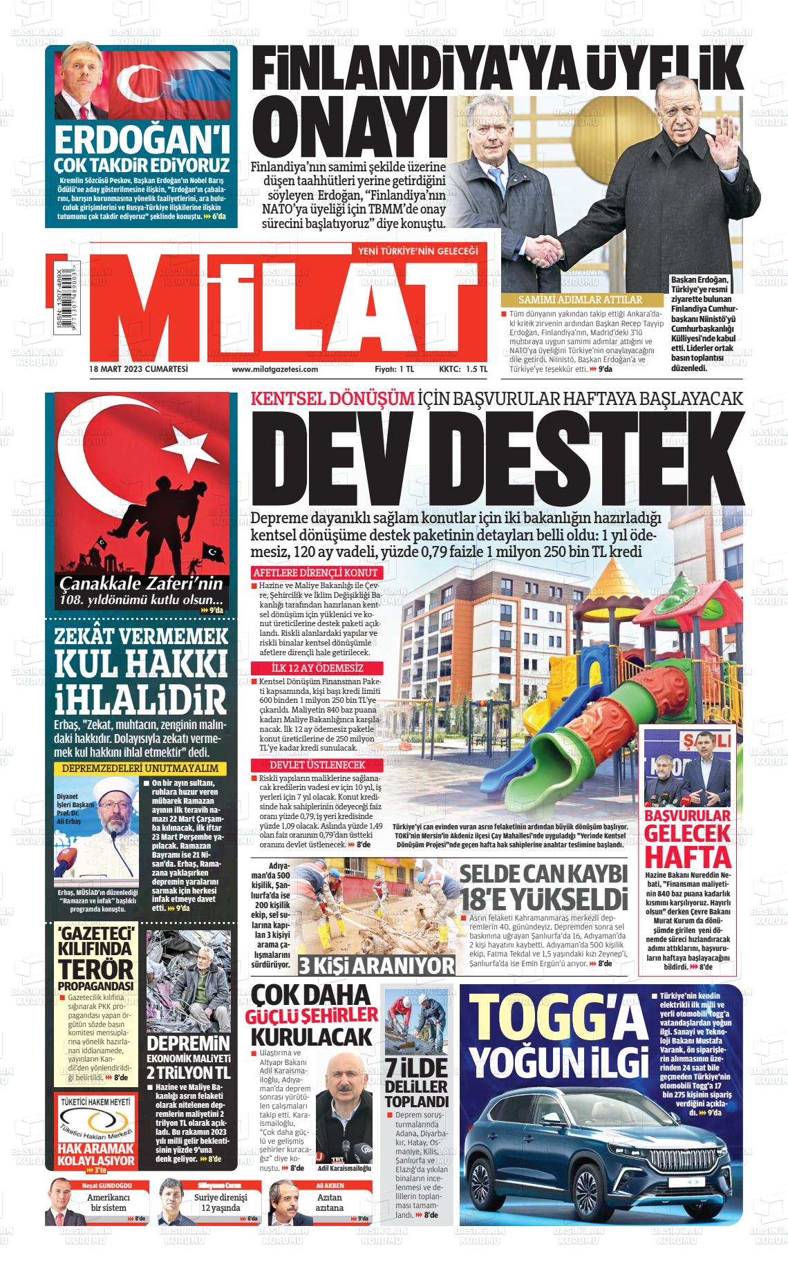 18 Mart 2023 Milat Gazete Manşeti