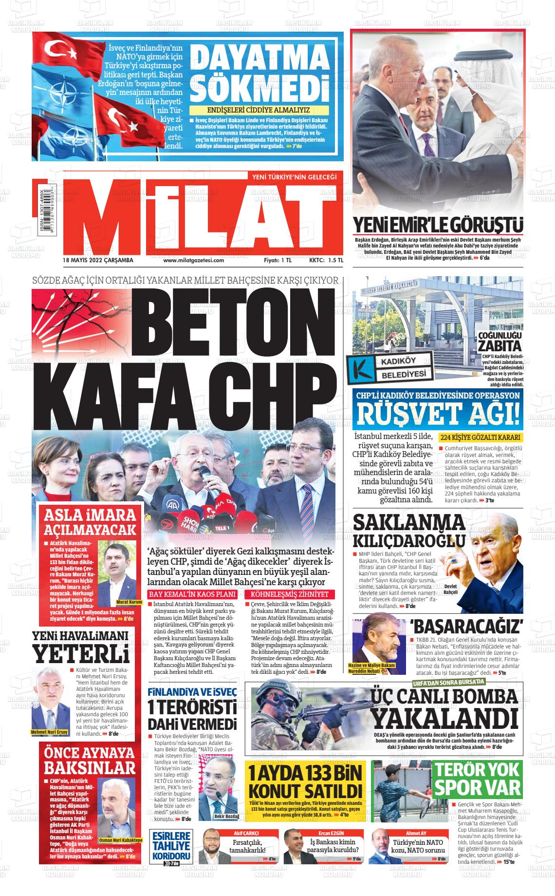 18 Mayıs 2022 Milat Gazete Manşeti