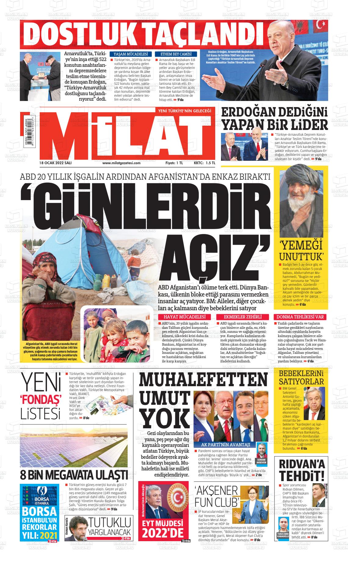 18 Ocak 2022 Milat Gazete Manşeti