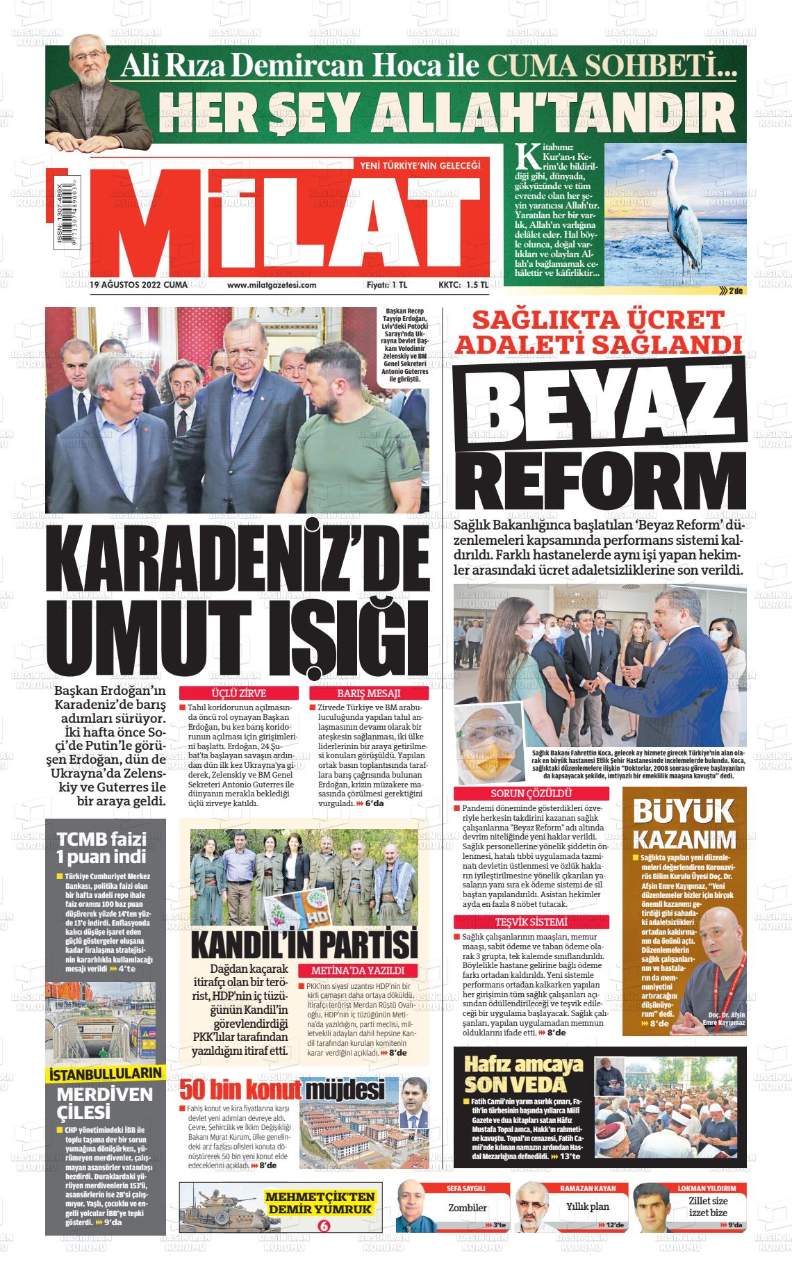 19 Ağustos 2022 Milat Gazete Manşeti