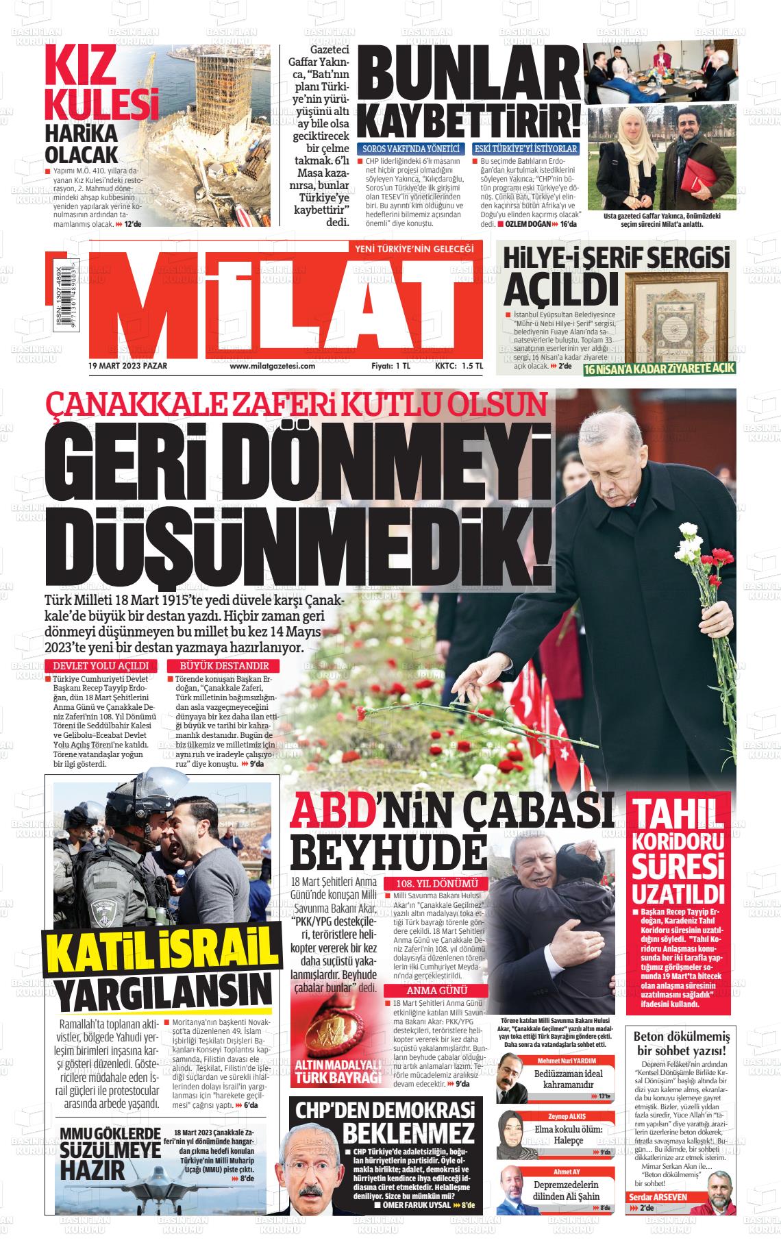 19 Mart 2023 Milat Gazete Manşeti