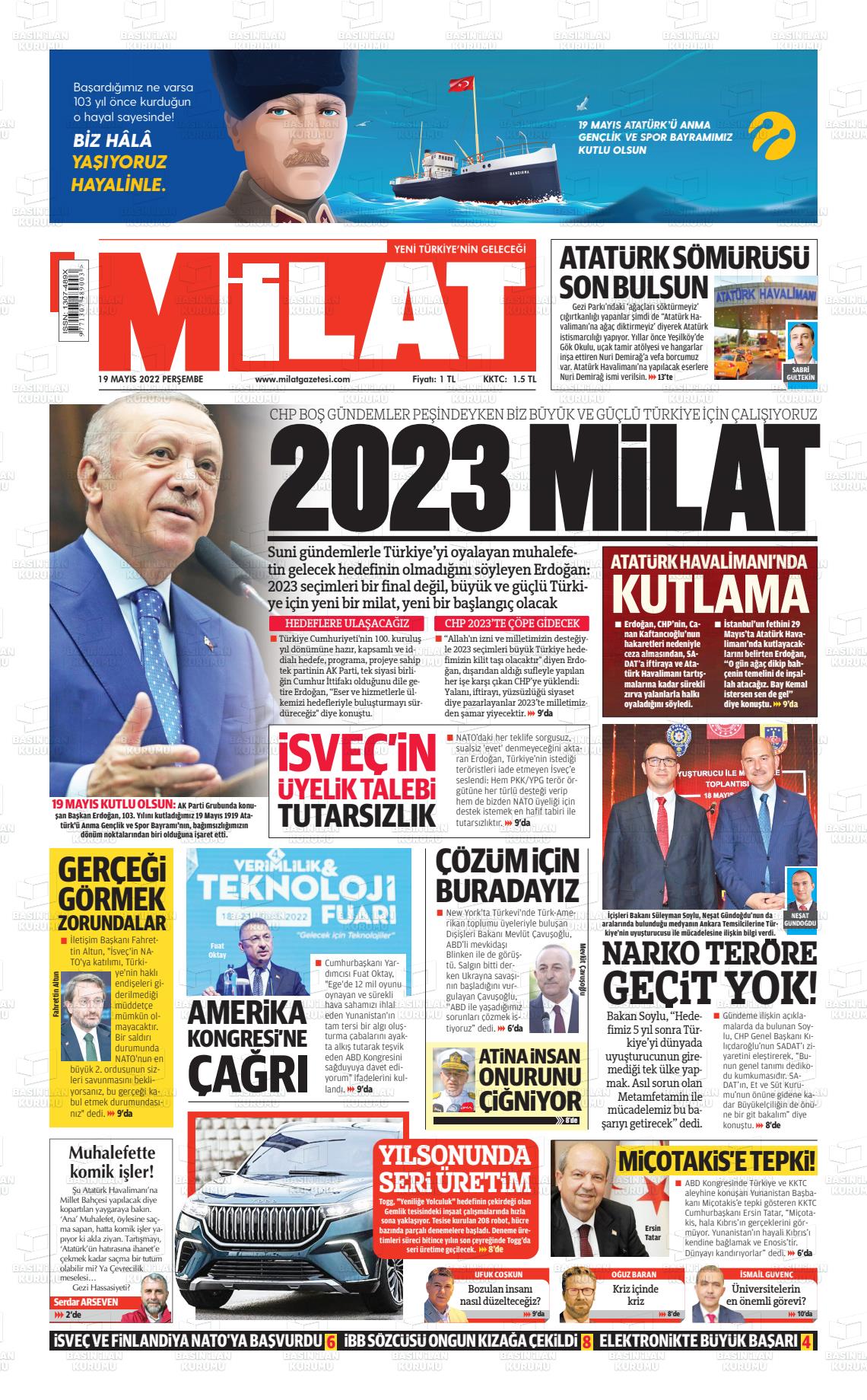 19 Mayıs 2022 Milat Gazete Manşeti