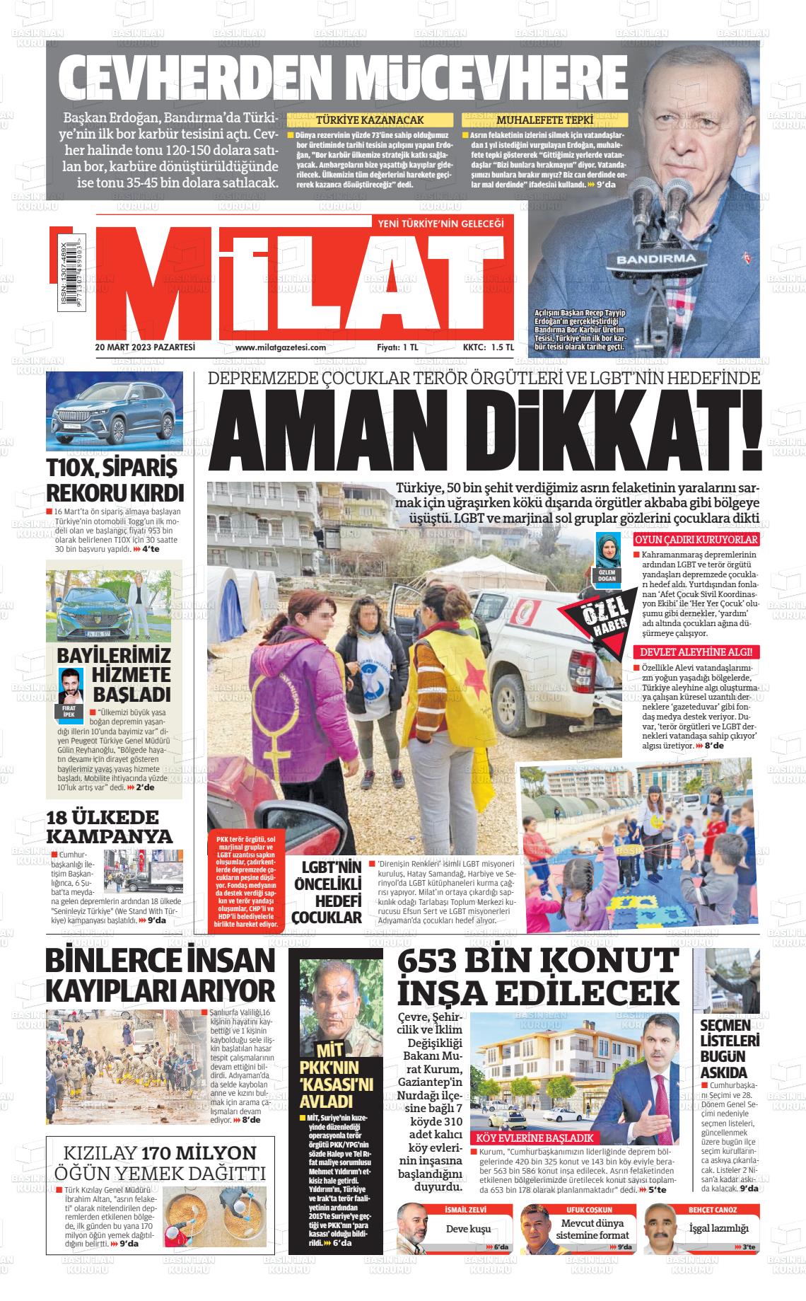 20 Mart 2023 Milat Gazete Manşeti
