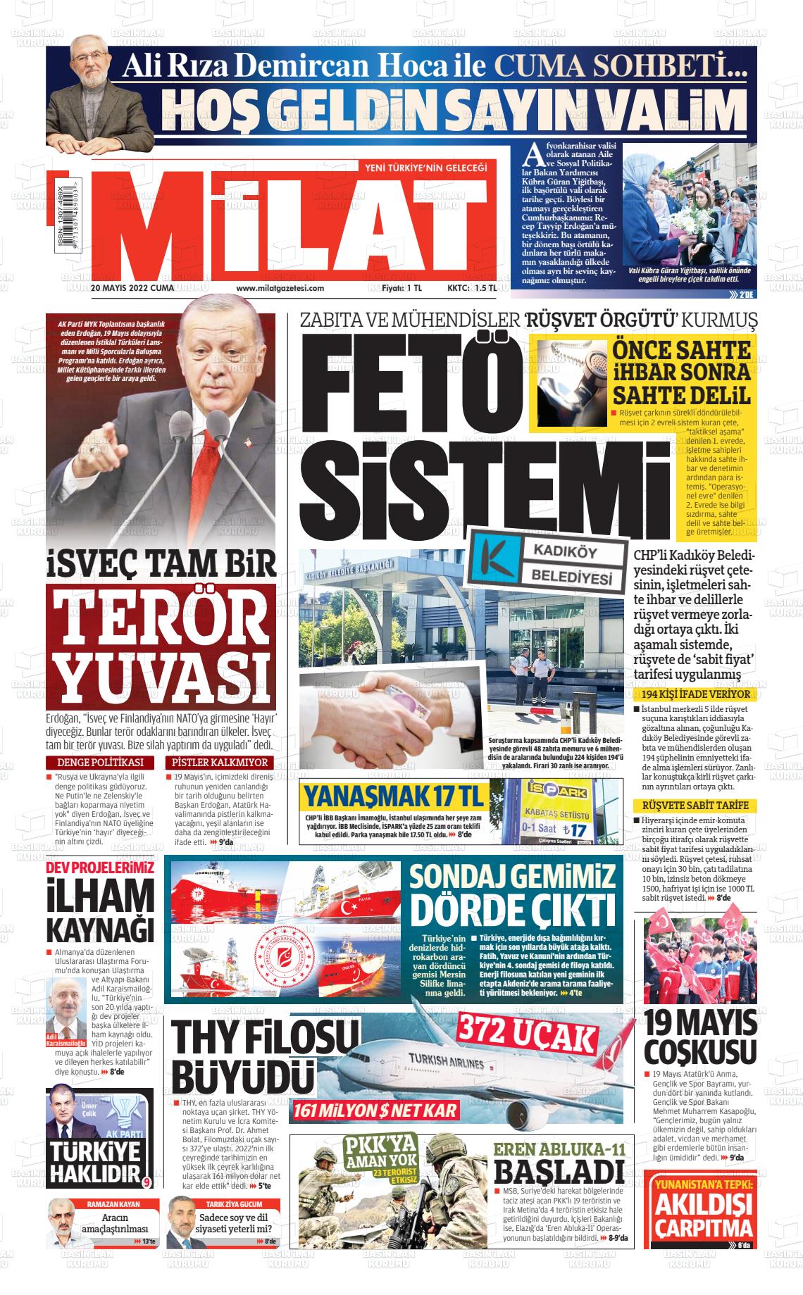 20 Mayıs 2022 Milat Gazete Manşeti