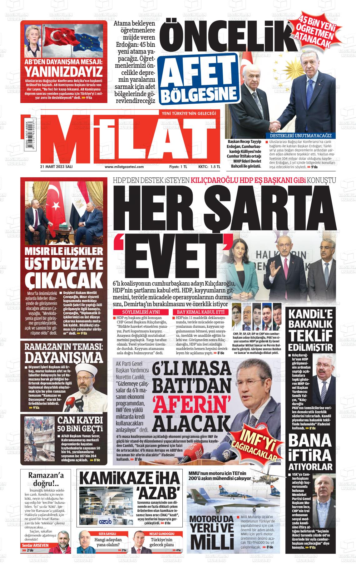 21 Mart 2023 Milat Gazete Manşeti
