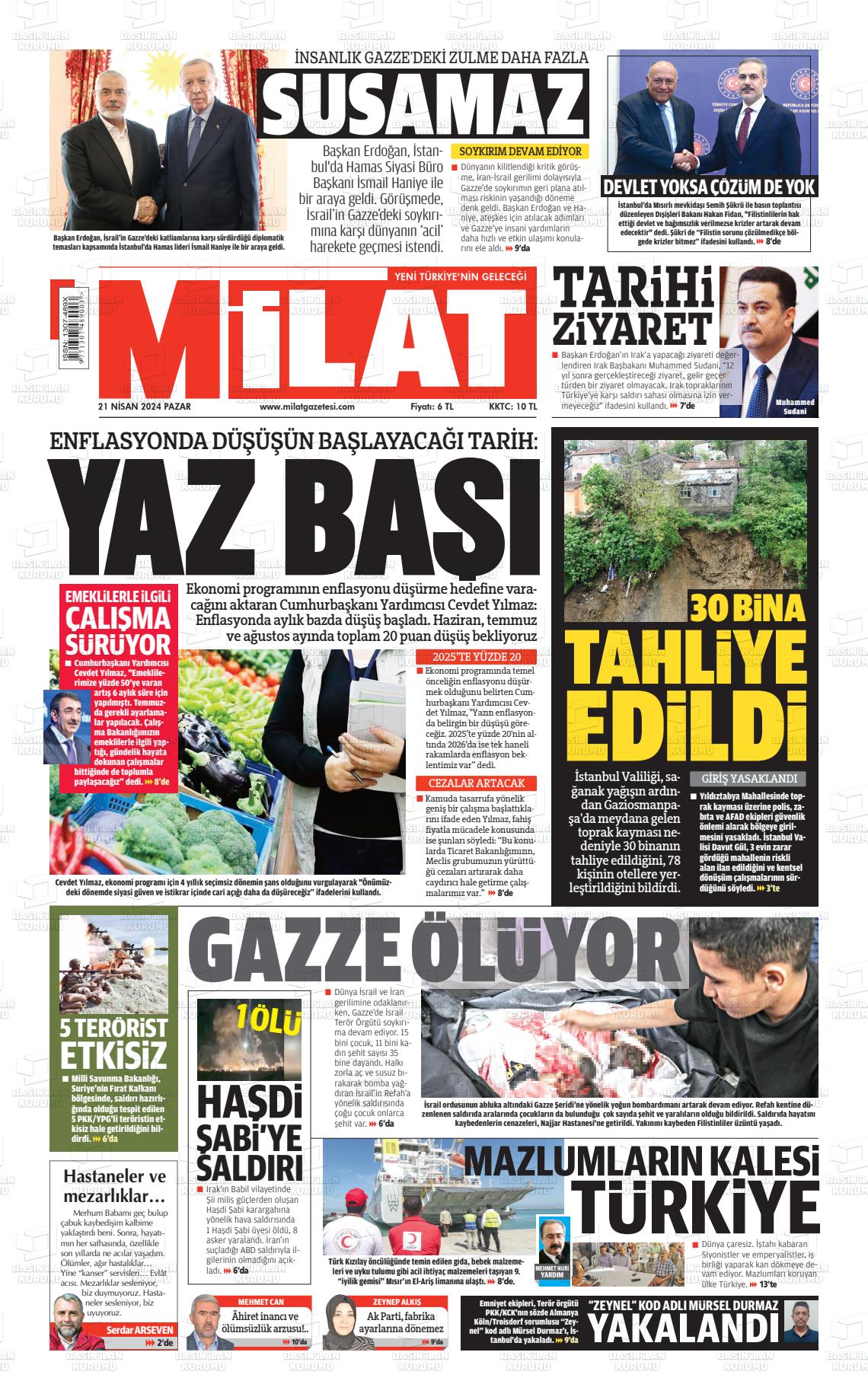 24 Nisan 2024 Milat Gazete Manşeti