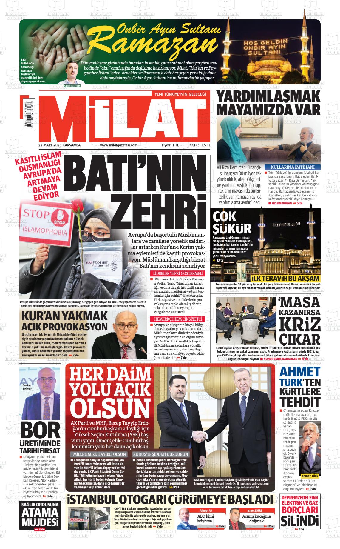 22 Mart 2023 Milat Gazete Manşeti