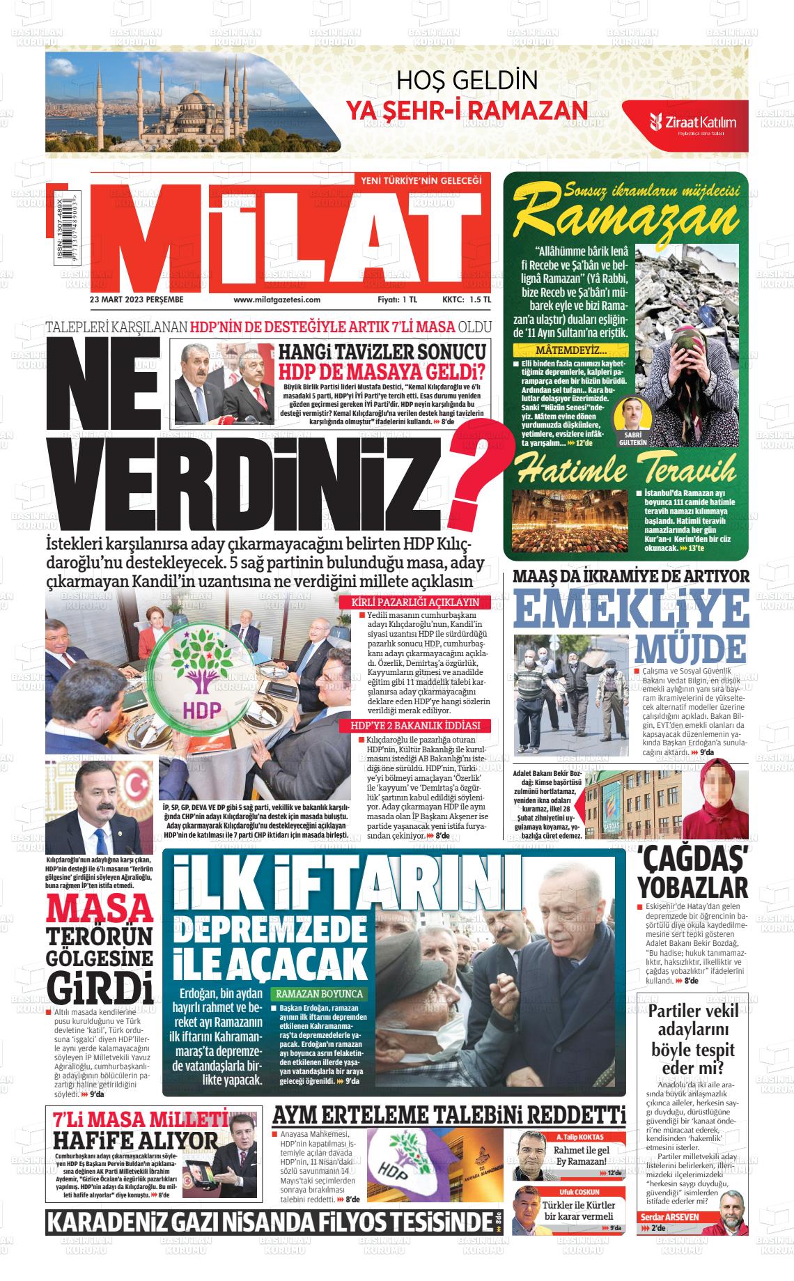 23 Mart 2023 Milat Gazete Manşeti