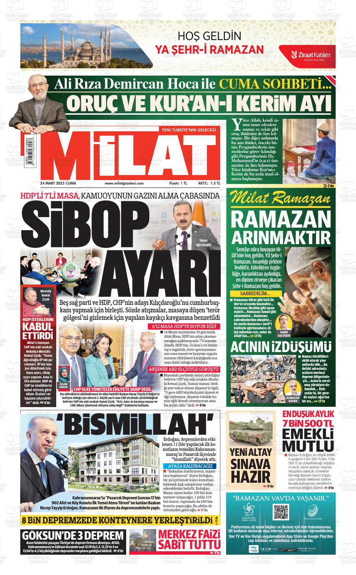 24 Mart 2023 Milat Gazete Manşeti