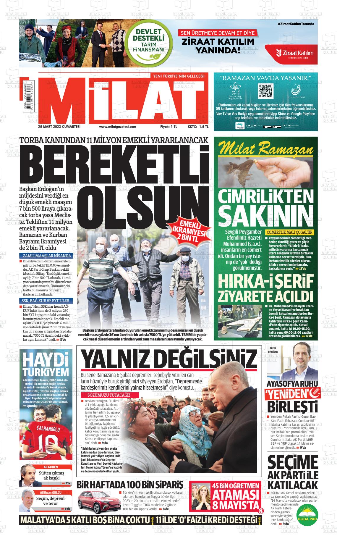 25 Mart 2023 Milat Gazete Manşeti