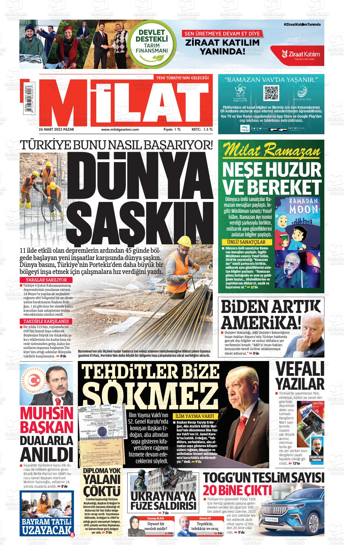 26 Mart 2023 Milat Gazete Manşeti