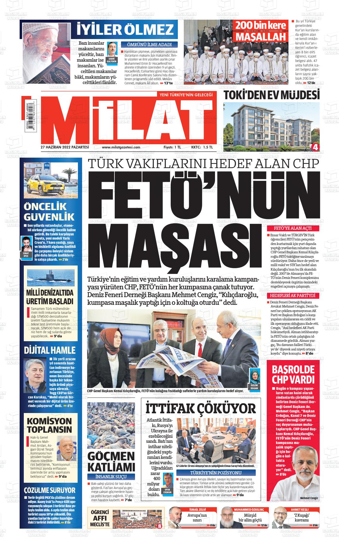 27 Haziran 2022 Milat Gazete Manşeti