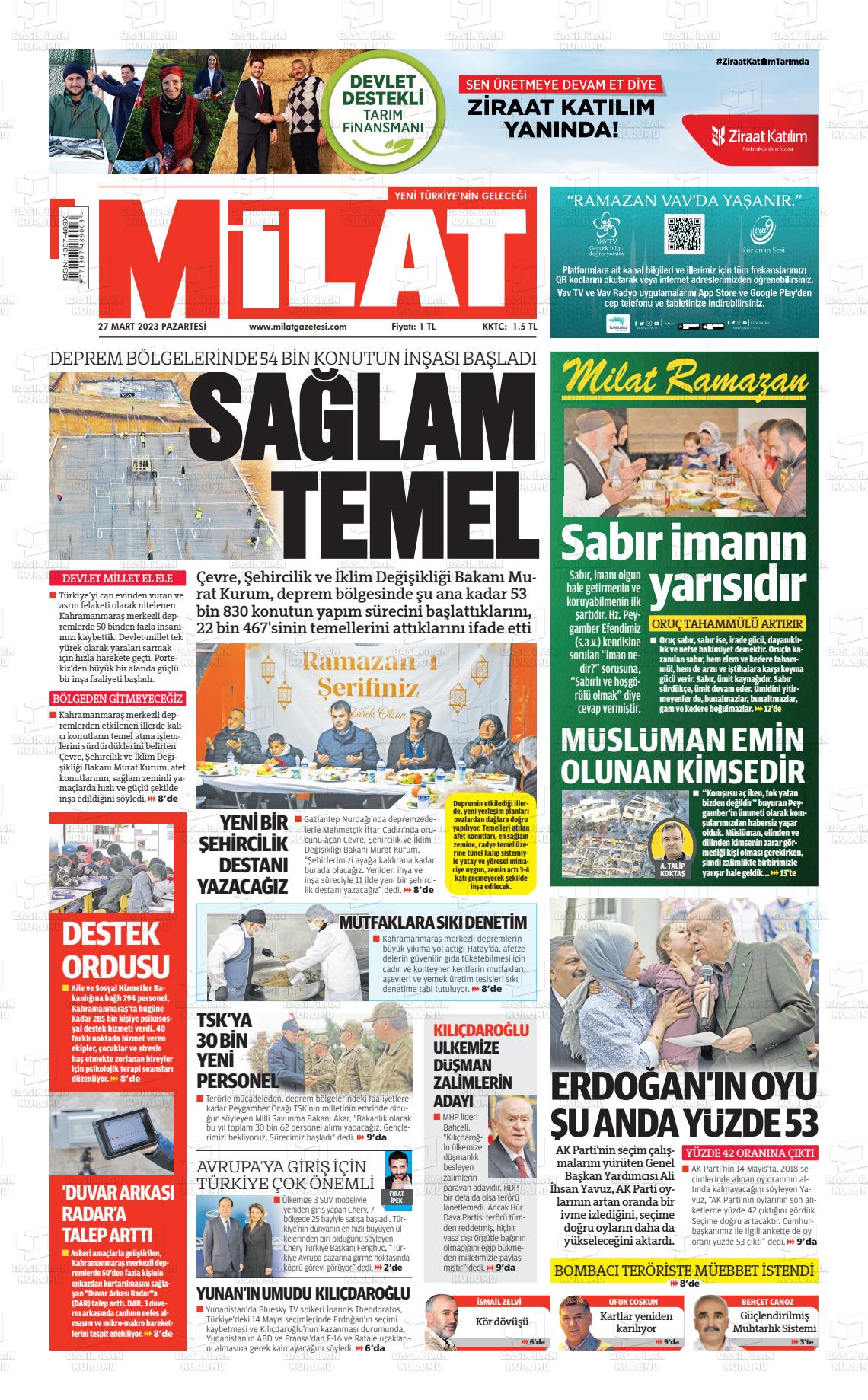 27 Mart 2023 Milat Gazete Manşeti