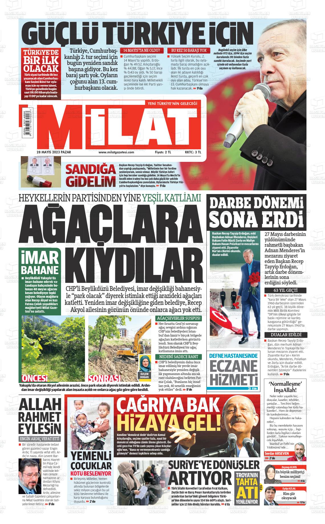 28 Mayıs 2023 Milat Gazete Manşeti