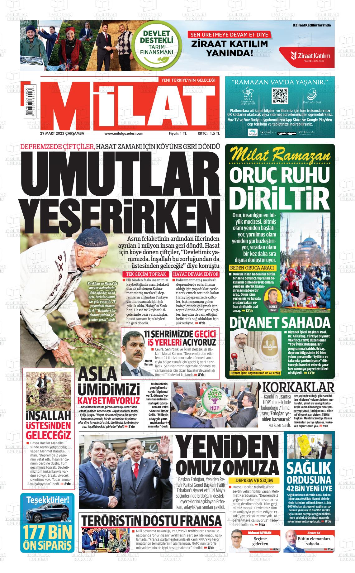 29 Mart 2023 Milat Gazete Manşeti