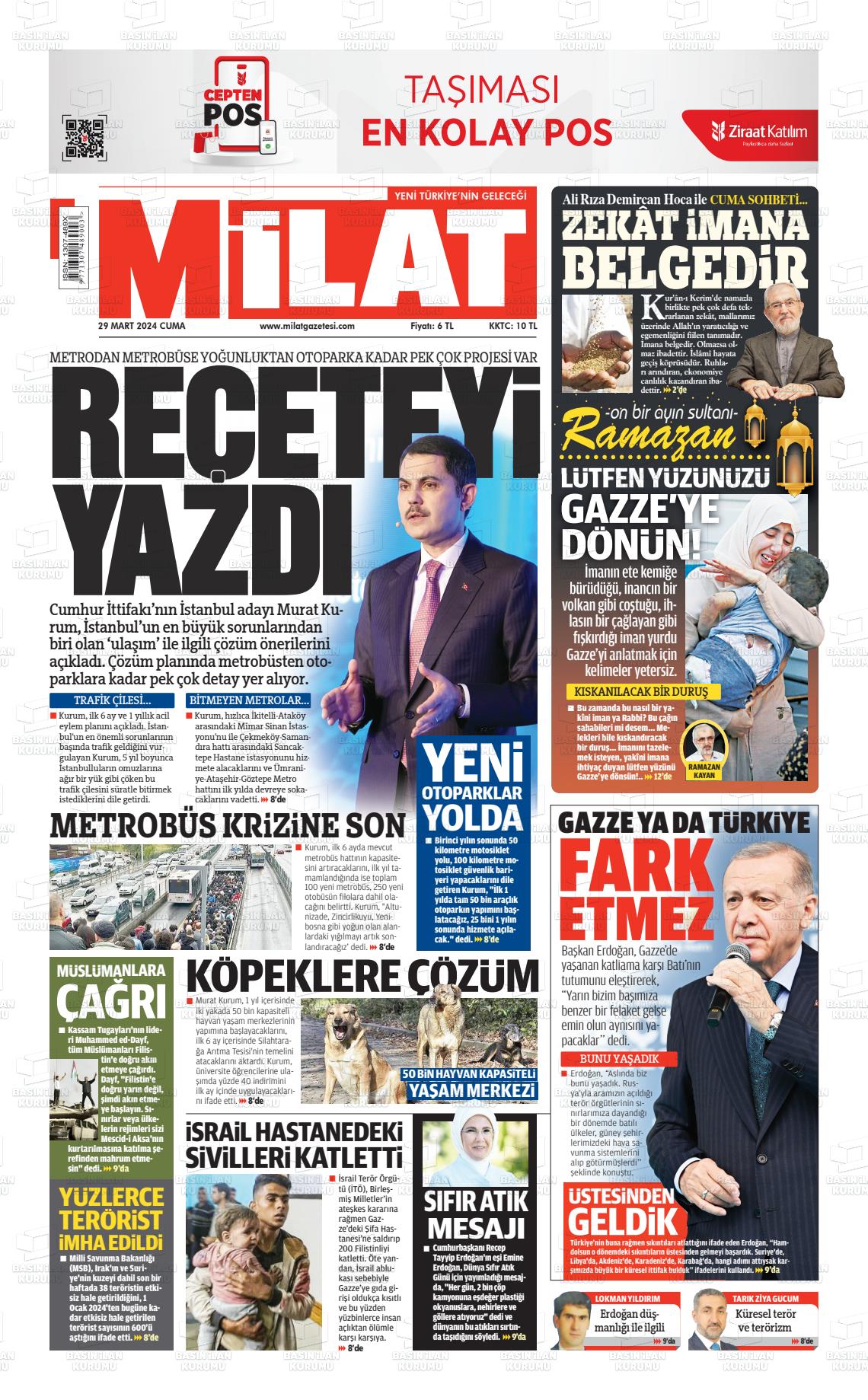 29 Mart 2024 Milat Gazete Manşeti