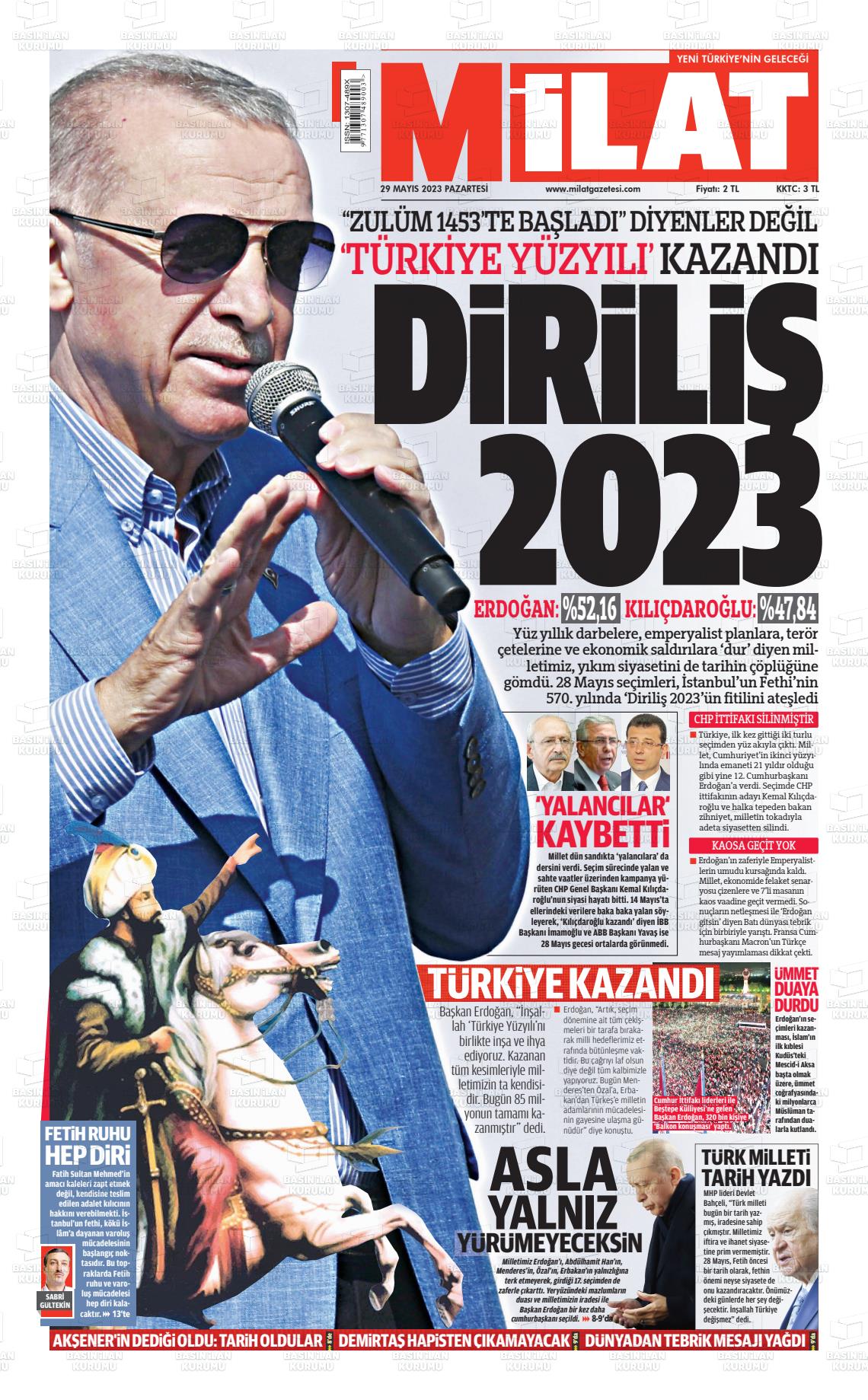 29 Mayıs 2023 Milat Gazete Manşeti
