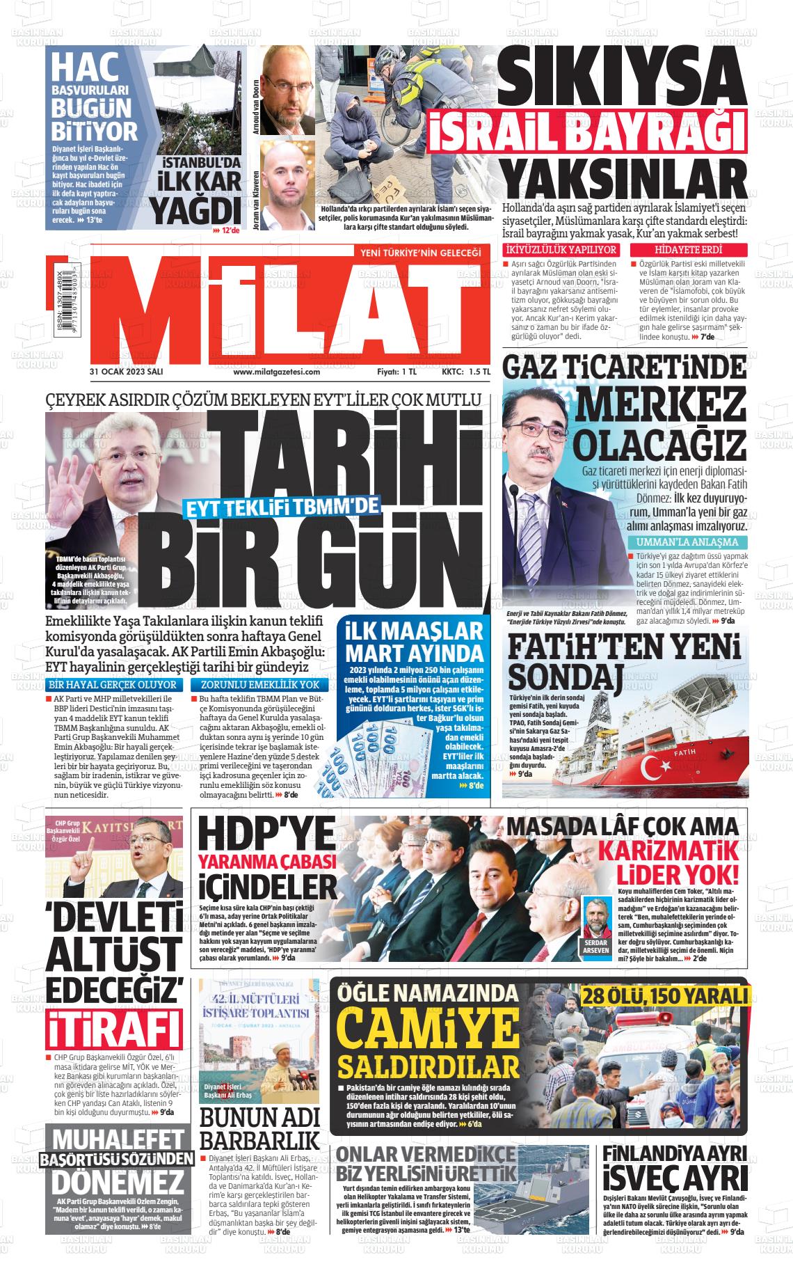 31 Ocak 2023 Milat Gazete Manşeti