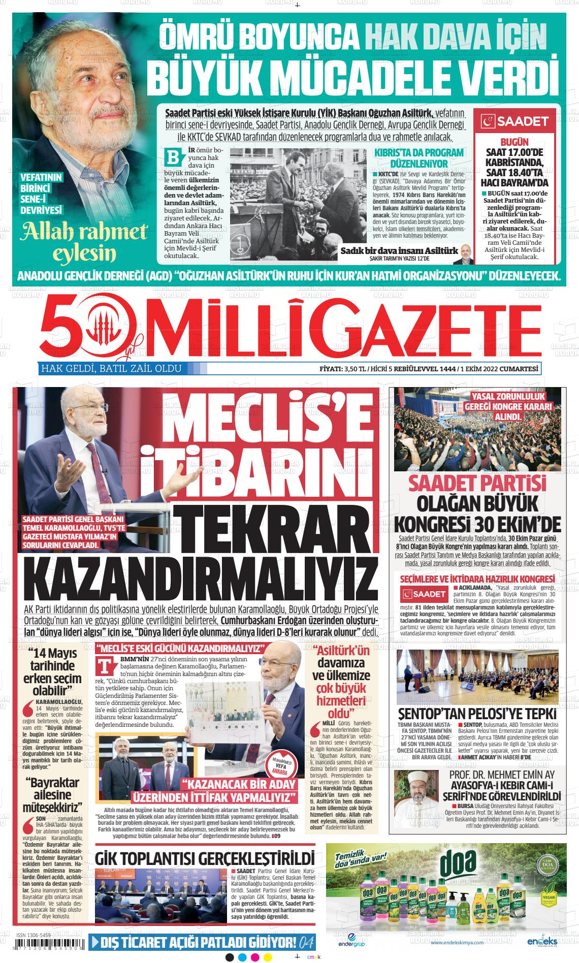 01 Ekim 2022 Milli Gazete Gazete Manşeti