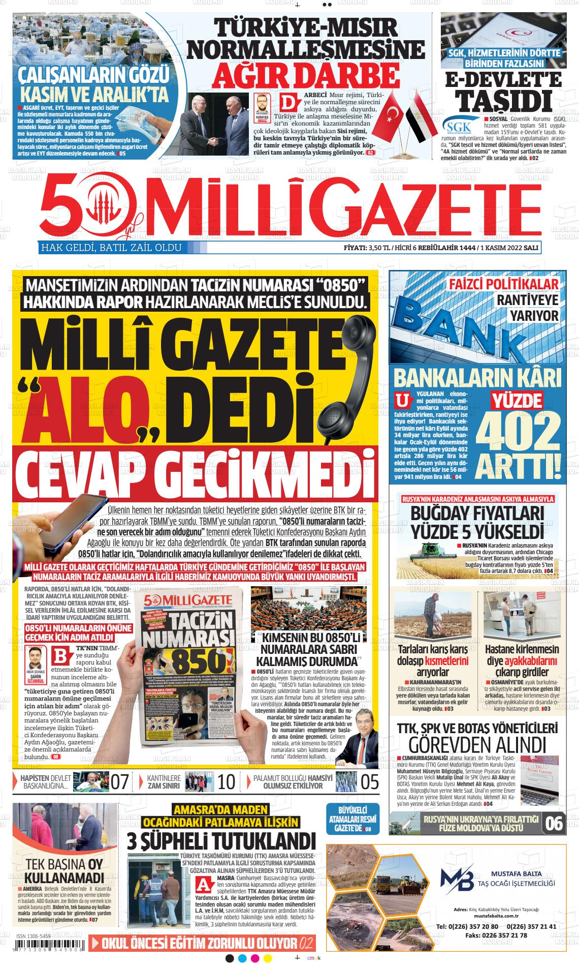 01 Kasım 2022 Milli Gazete Gazete Manşeti