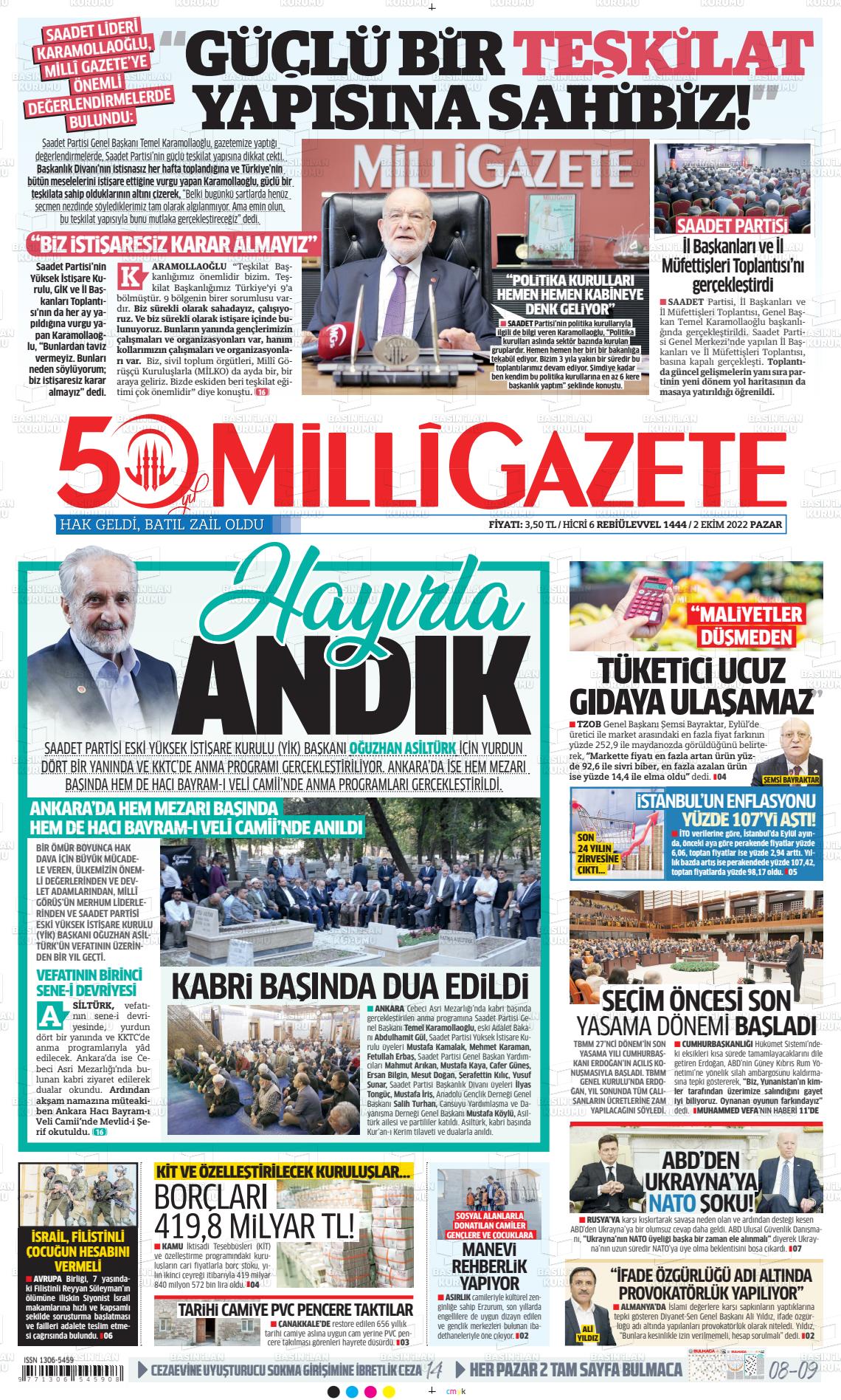 02 Ekim 2022 Milli Gazete Gazete Manşeti