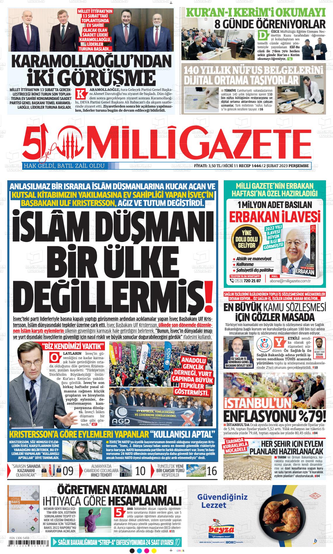 02 Şubat 2023 Milli Gazete Gazete Manşeti