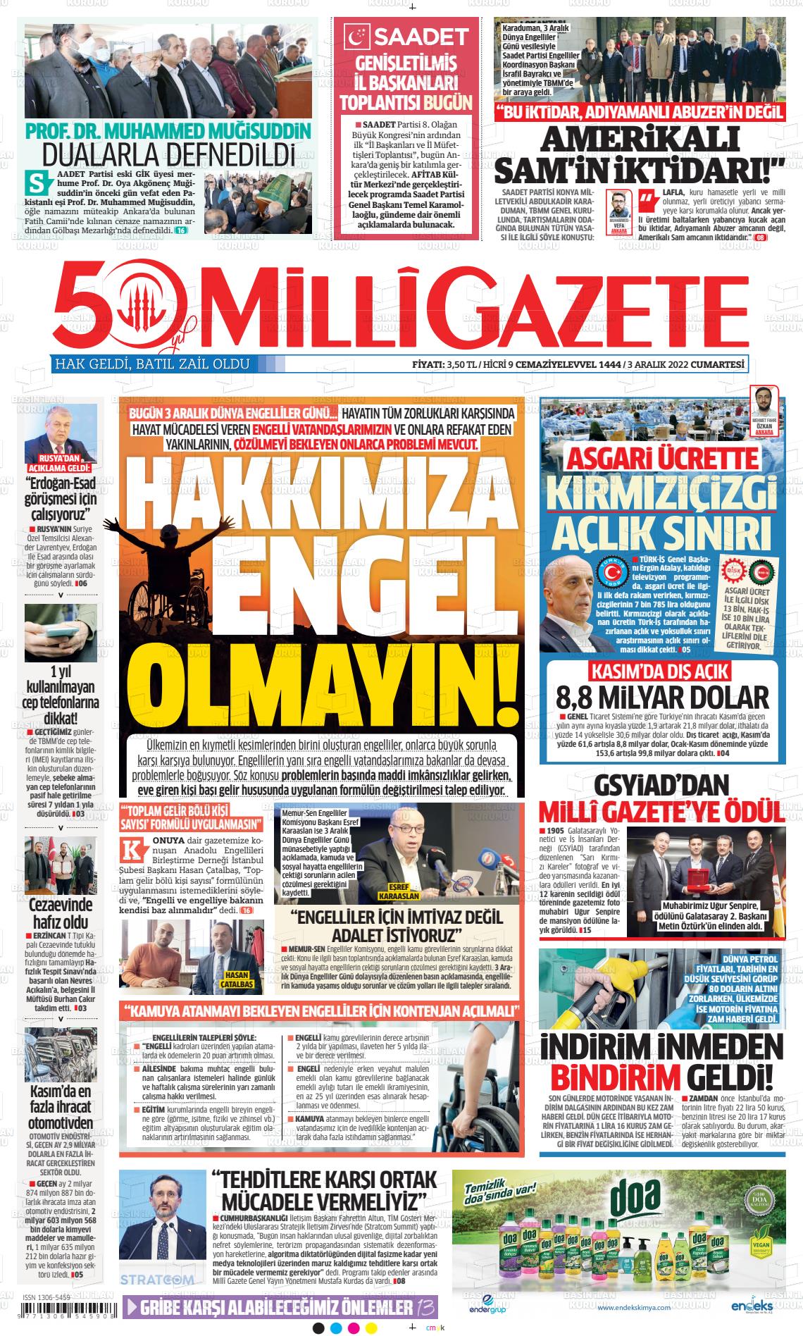 03 Aralık 2022 Milli Gazete Gazete Manşeti