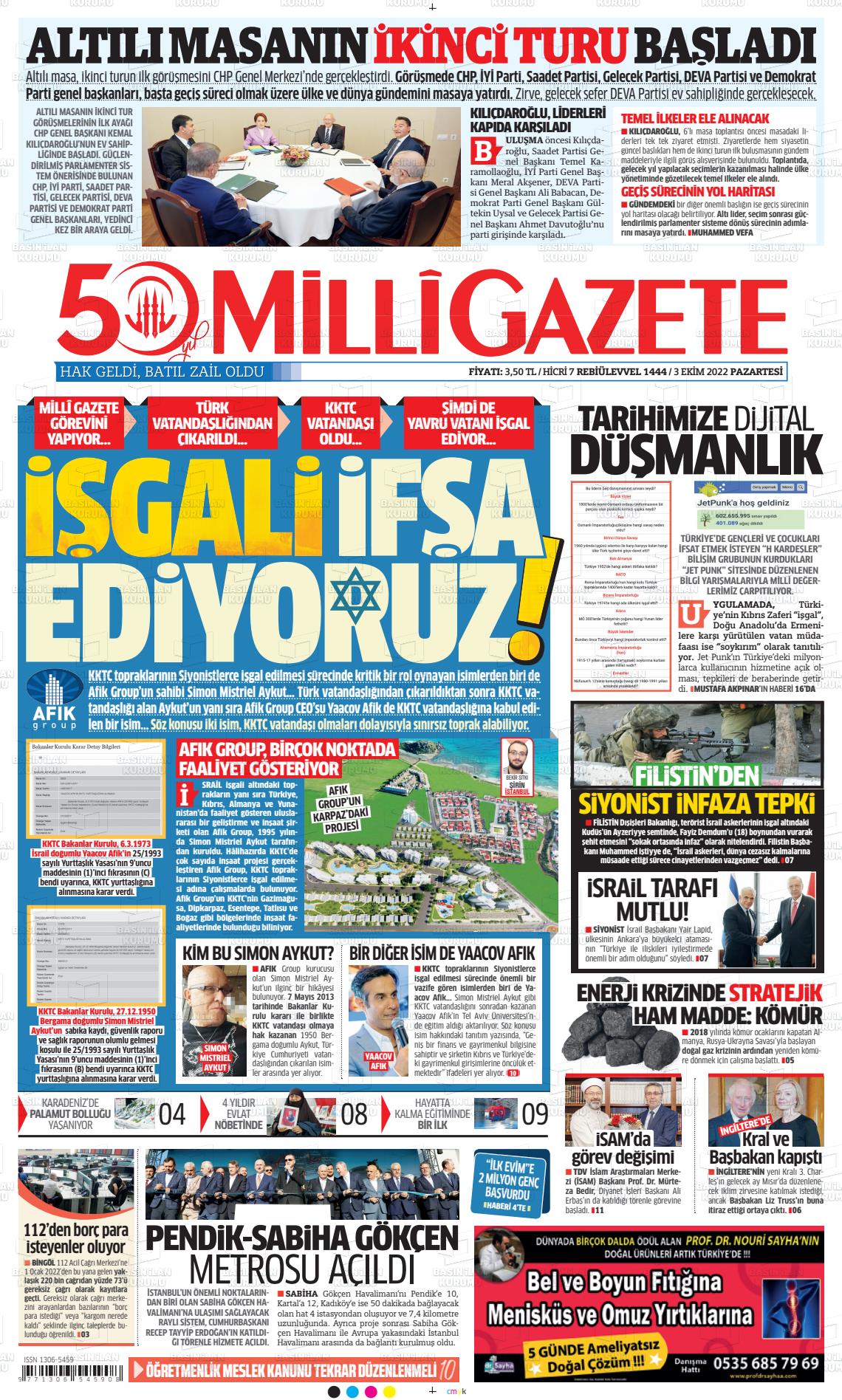 03 Ekim 2022 Milli Gazete Gazete Manşeti
