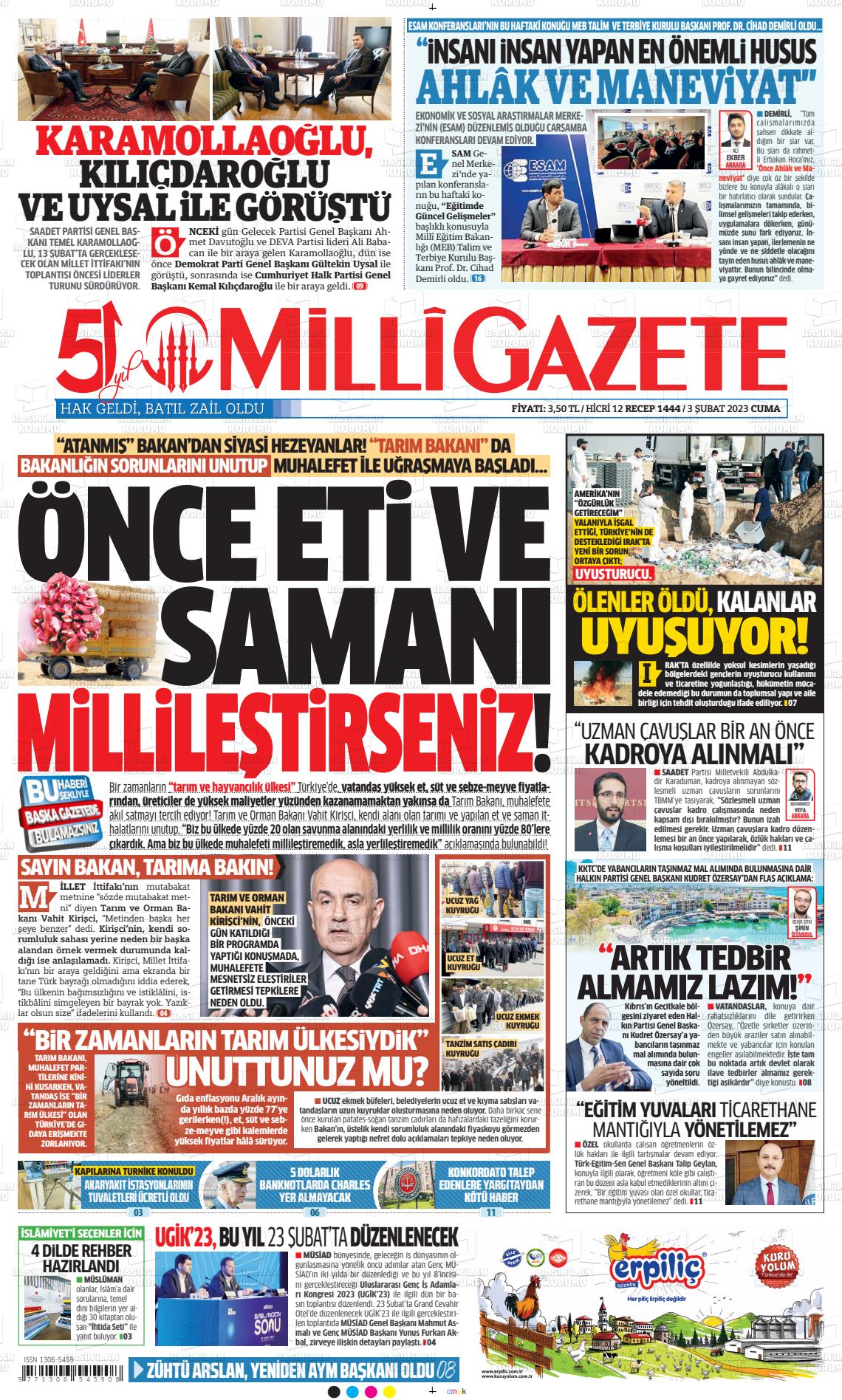 03 Şubat 2023 Milli Gazete Gazete Manşeti