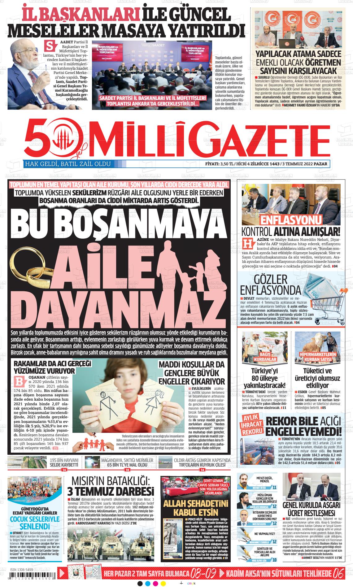 03 Temmuz 2022 Milli Gazete Gazete Manşeti