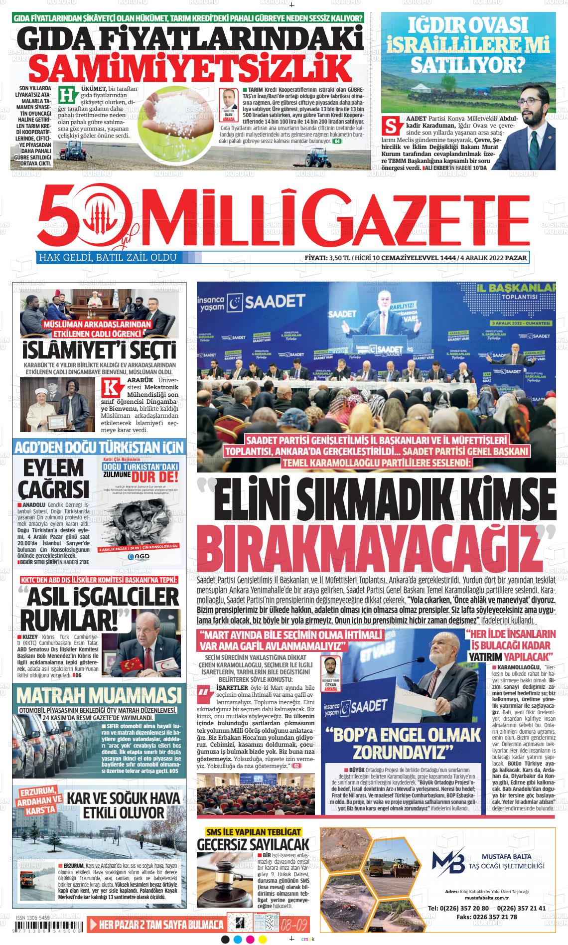 04 Aralık 2022 Milli Gazete Gazete Manşeti
