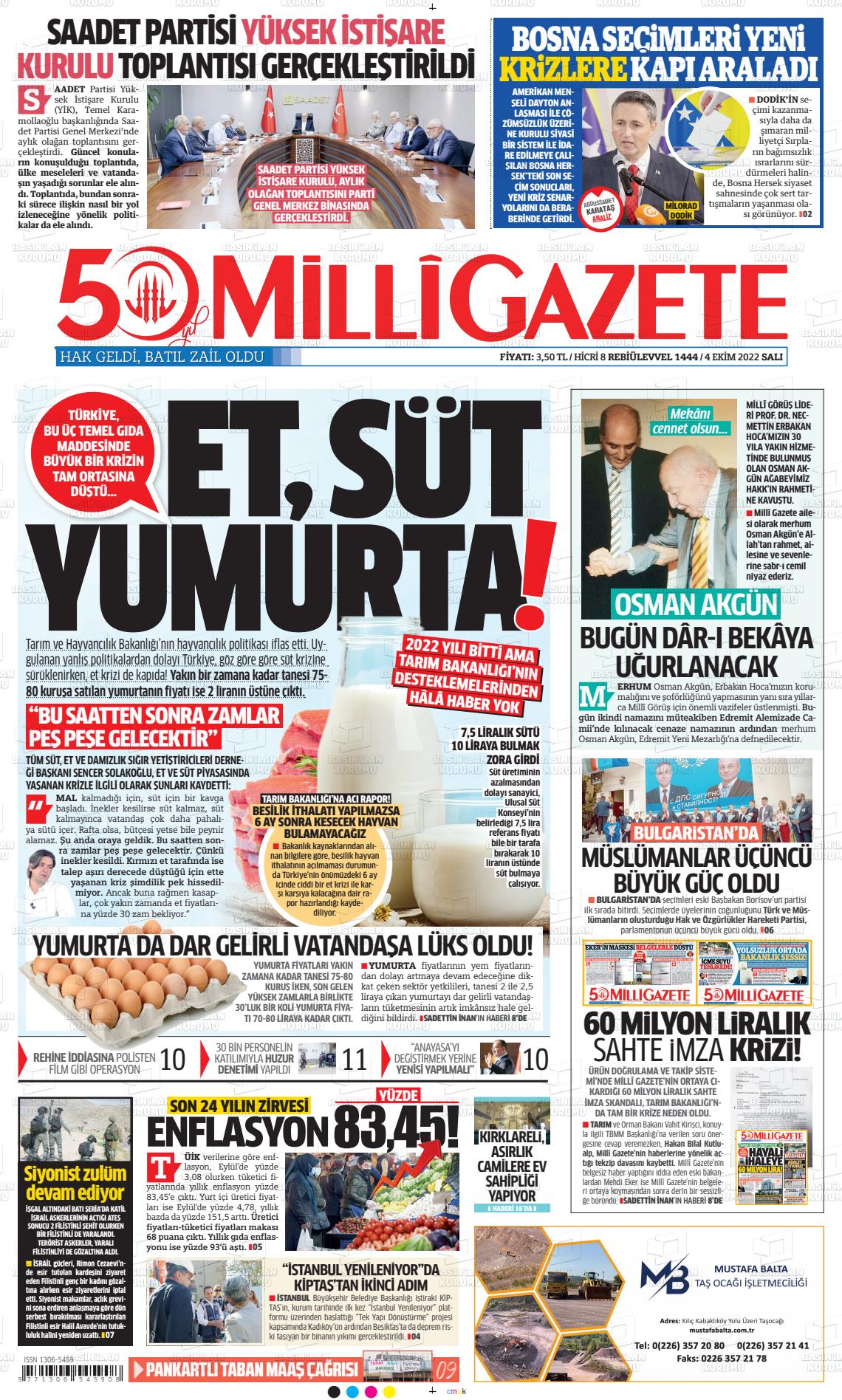 04 Ekim 2022 Milli Gazete Gazete Manşeti