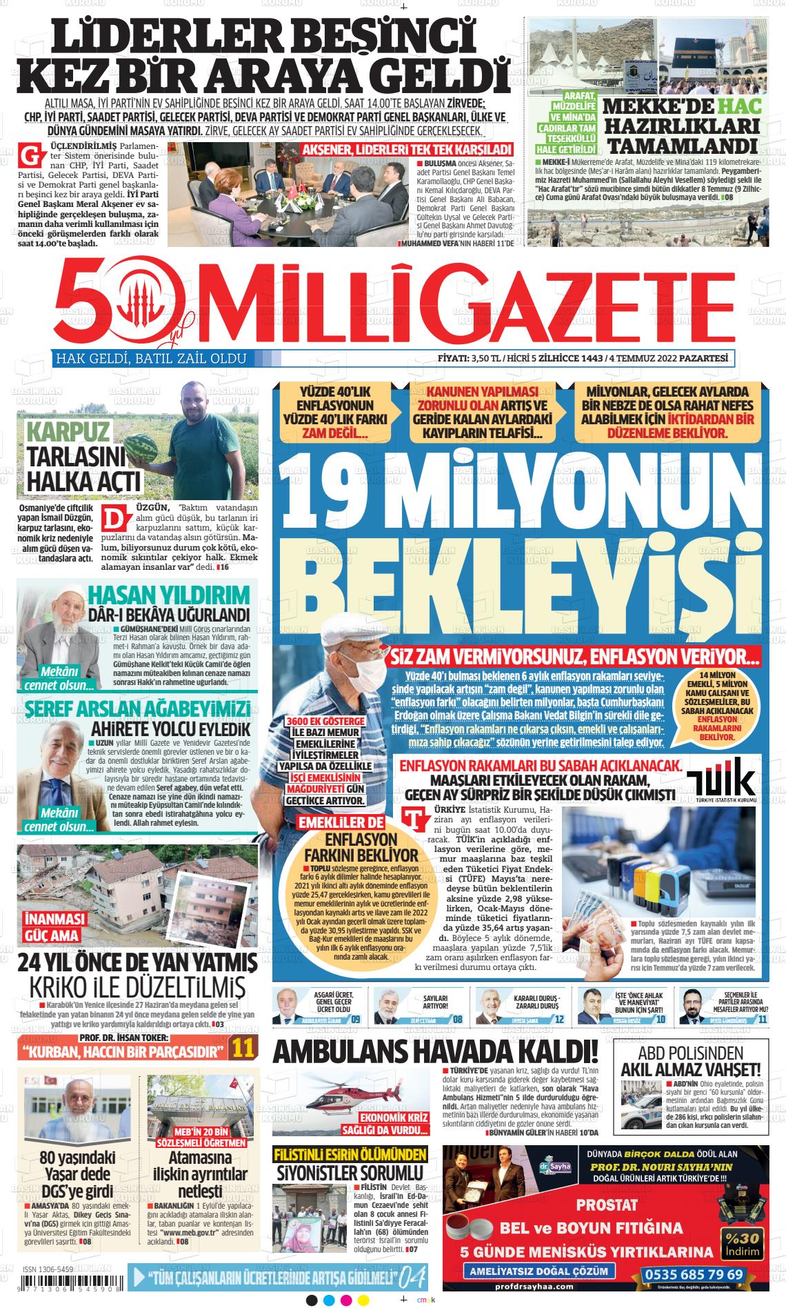 04 Temmuz 2022 Milli Gazete Gazete Manşeti