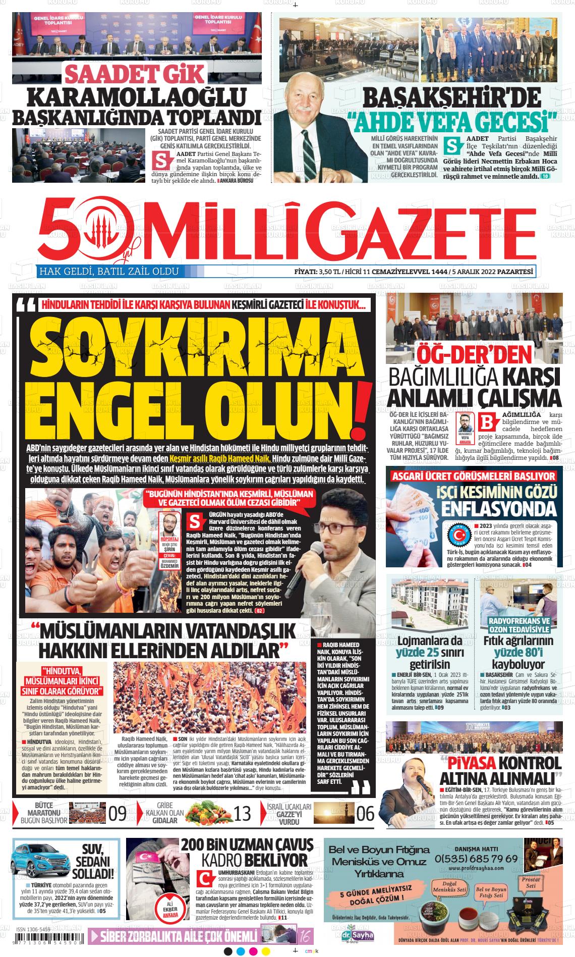 05 Aralık 2022 Milli Gazete Gazete Manşeti
